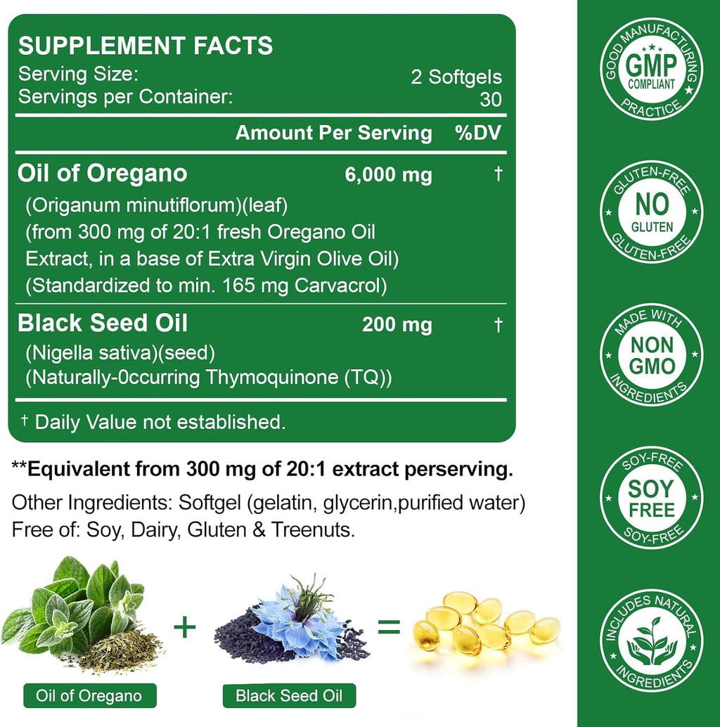 Nature's live Oil of Oregano with Black Seed Oil, 2 in 1 Oregano Supplement for Immune Health, Retains High Concentrated Carvacrol & Thymoquinone - FENGGESTORE20
