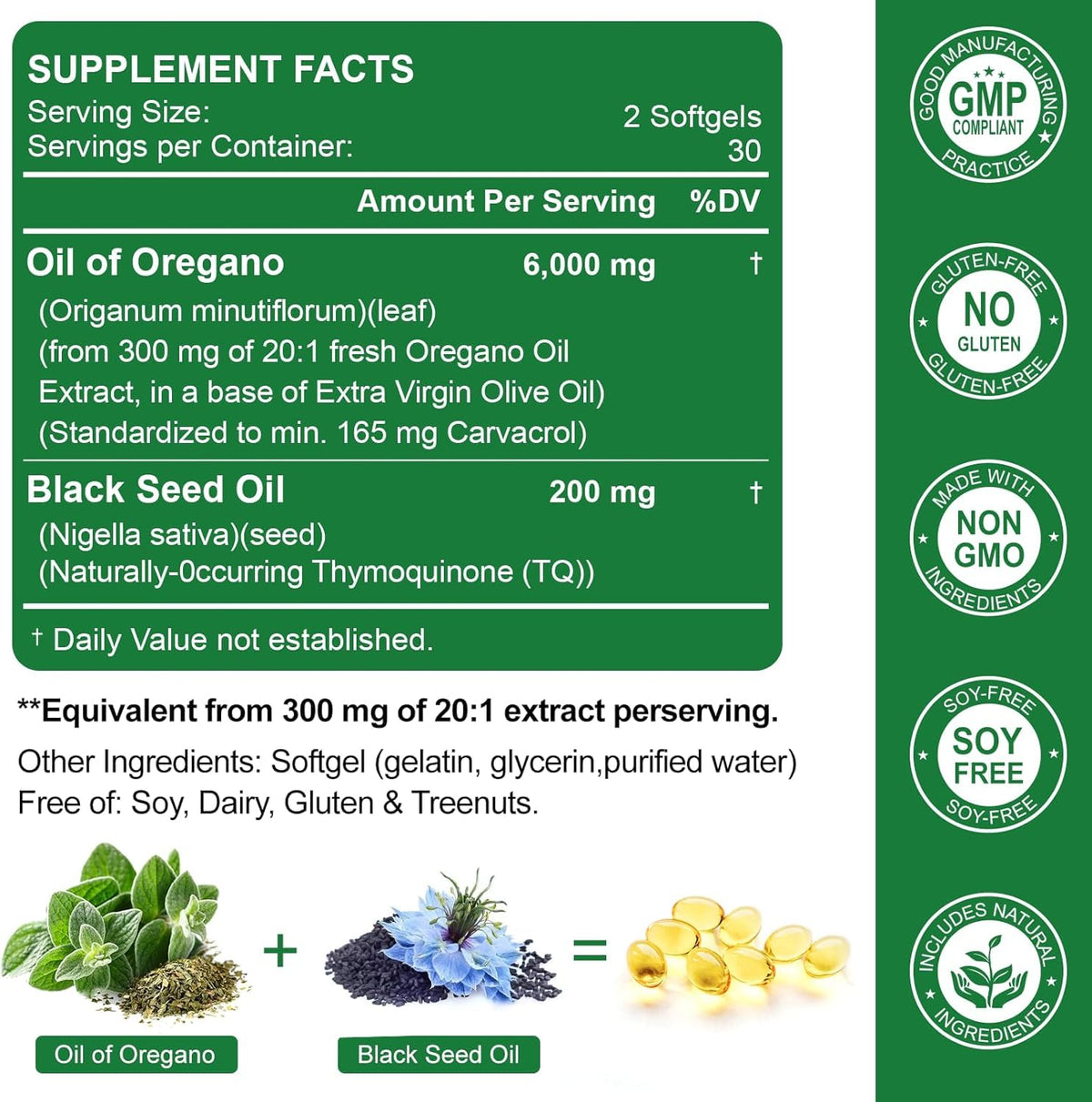 Nature's live Oil of Oregano with Black Seed Oil, 2 in 1 Oregano Supplement for Immune Health, Retains High Concentrated Carvacrol & Thymoquinone - FENGGESTORE20