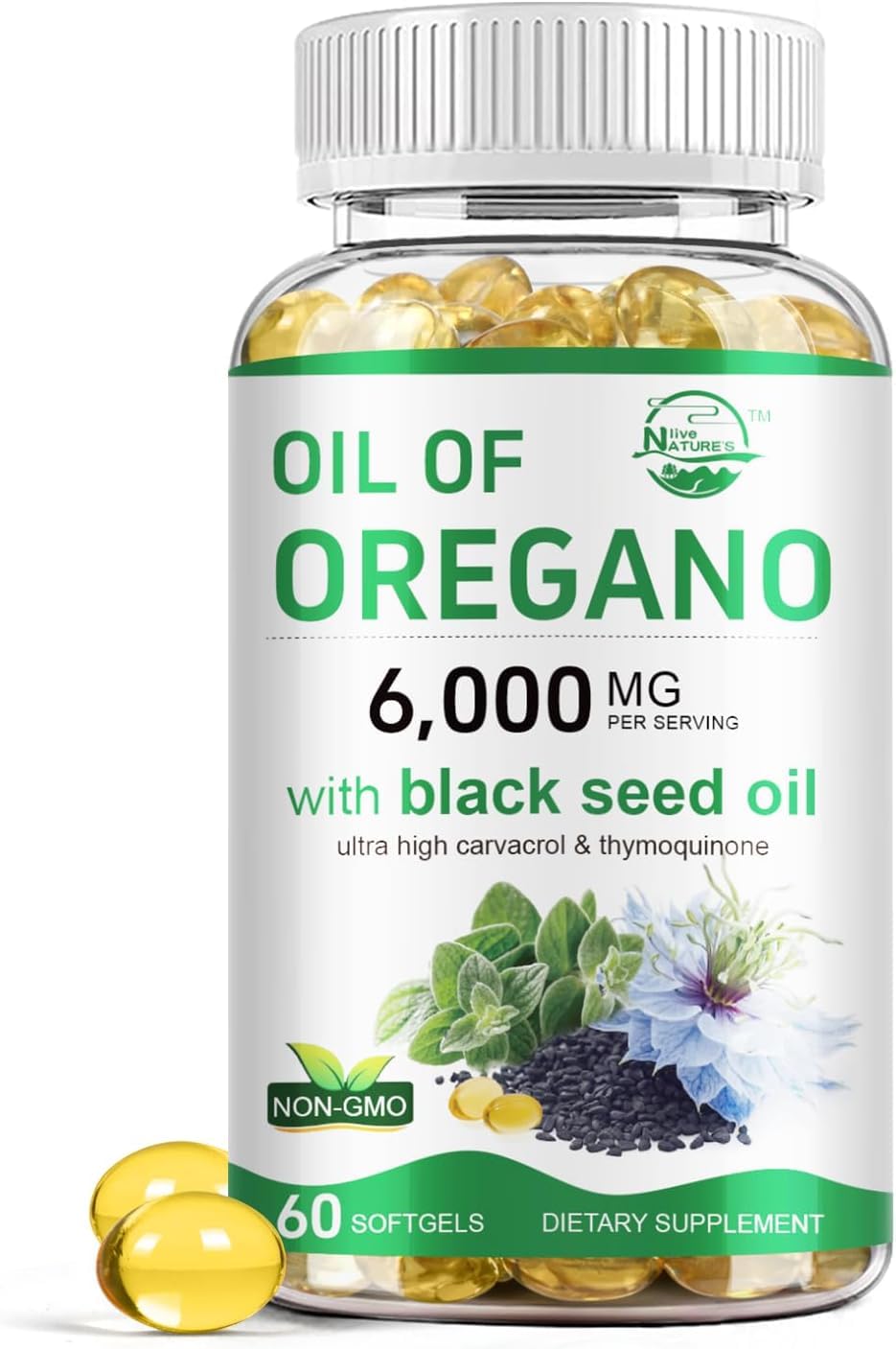 Nature's live Oil of Oregano with Black Seed Oil, 2 in 1 Oregano Supplement for Immune Health, Retains High Concentrated Carvacrol & Thymoquinone - FENGGESTORE20