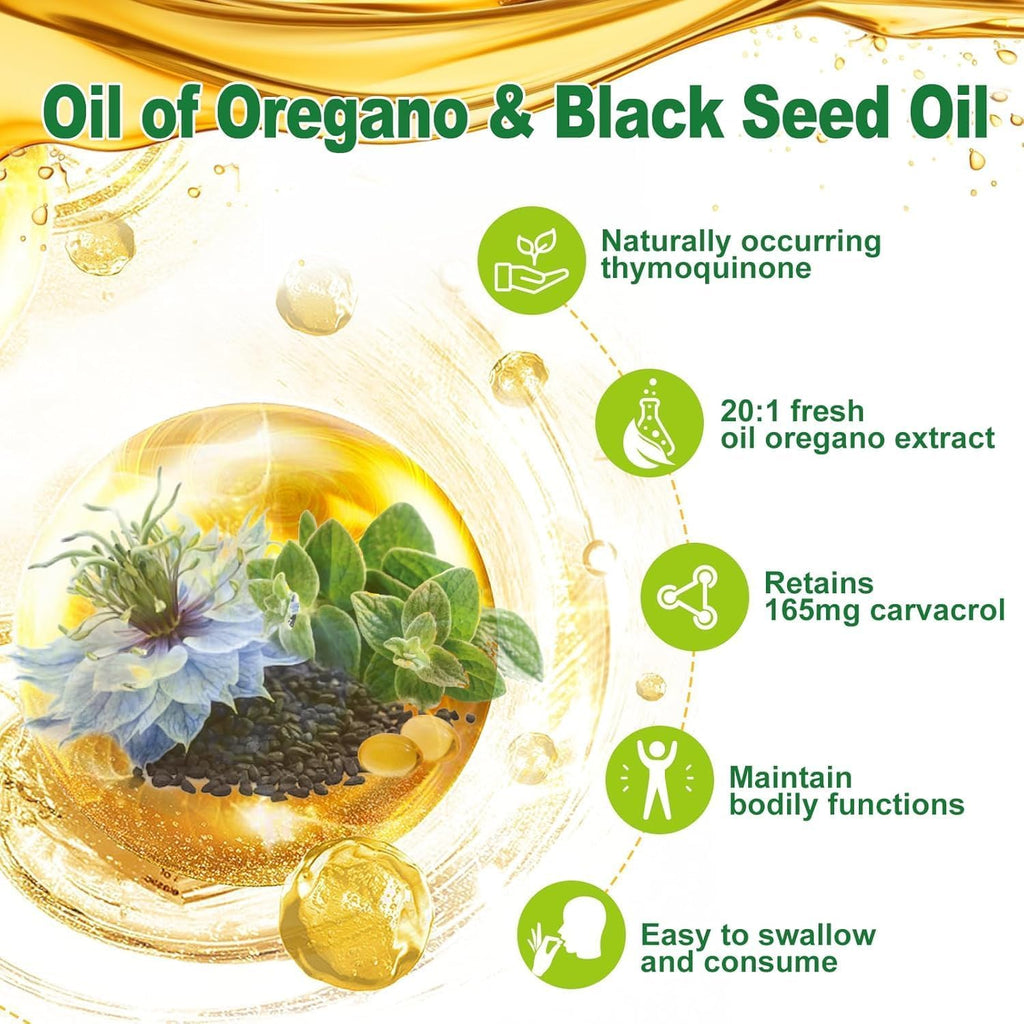 Nature's live Oil of Oregano with Black Seed Oil, 2 in 1 Oregano Supplement for Immune Health, Retains High Concentrated Carvacrol & Thymoquinone - FENGGESTORE20