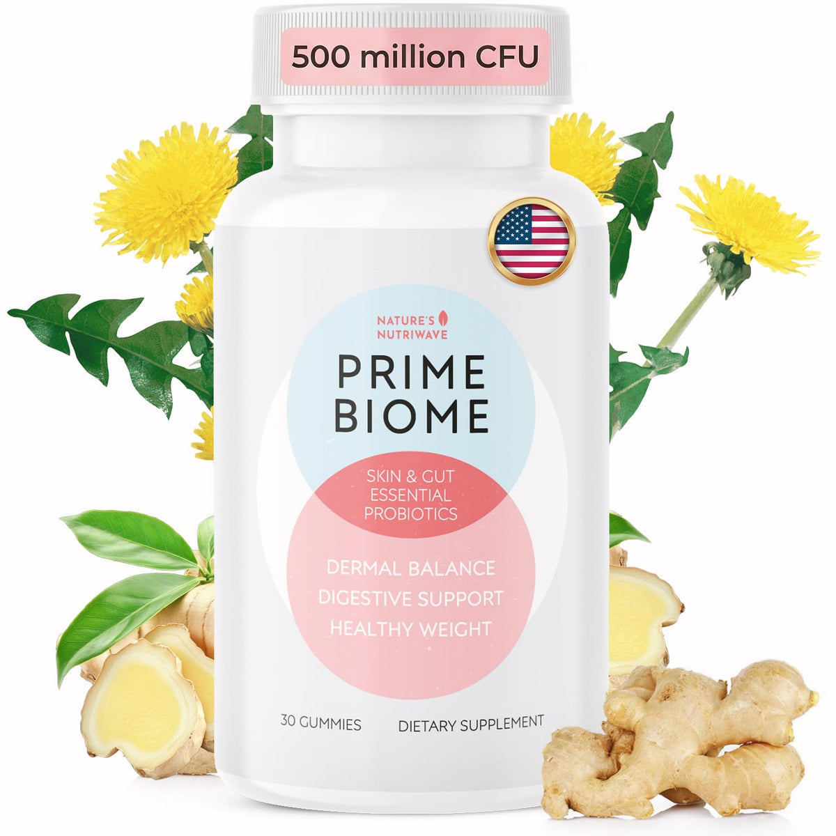 Nature’s NutriWave PrimeBiome Probiotic Gummies – Plant-Based Blend with Inulin, Lion’s Mane, Ginger & More– Non-GMO, No Stimulants, GMP Certified – 30 Gummies, 1 Month Supply - FENGGESTORE20