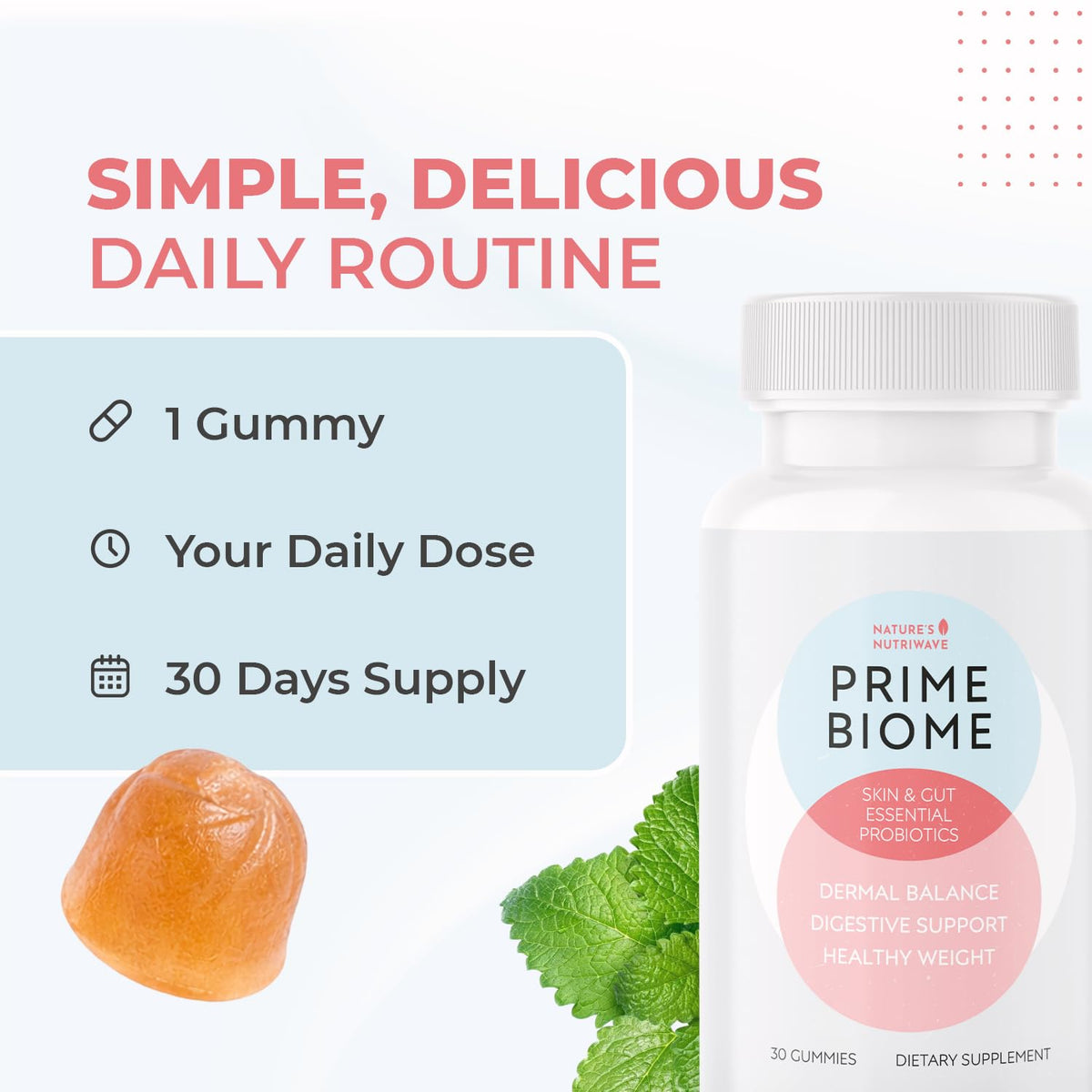 Nature’s NutriWave PrimeBiome Probiotic Gummies – Plant-Based Blend with Inulin, Lion’s Mane, Ginger & More– Non-GMO, No Stimulants, GMP Certified – 30 Gummies, 3 Month Supply - FENGGESTORE20