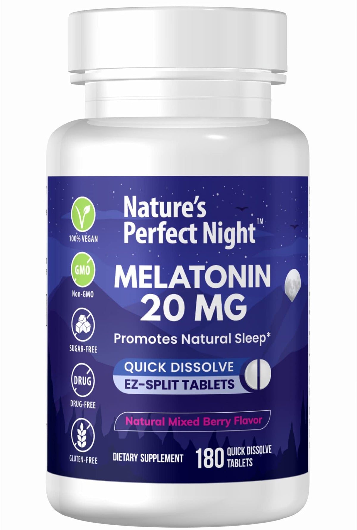 Nature's Perfect Night | Melatonin 20mg | 180 Quick Dissolve Tablets | Natural Mixed Berry Flavor |High Potency | Sugar Free - FENGGESTORE20