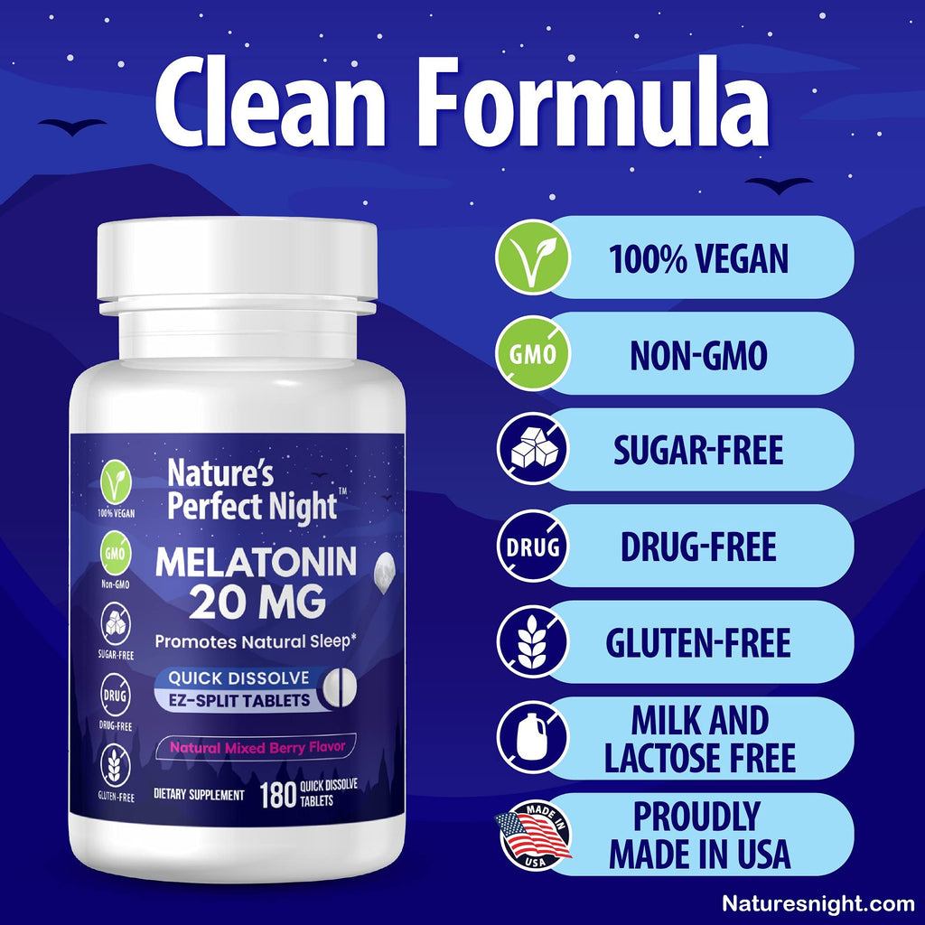 Nature's Perfect Night | Melatonin 20mg | 180 Quick Dissolve Tablets | Natural Mixed Berry Flavor |High Potency | Sugar Free - FENGGESTORE20