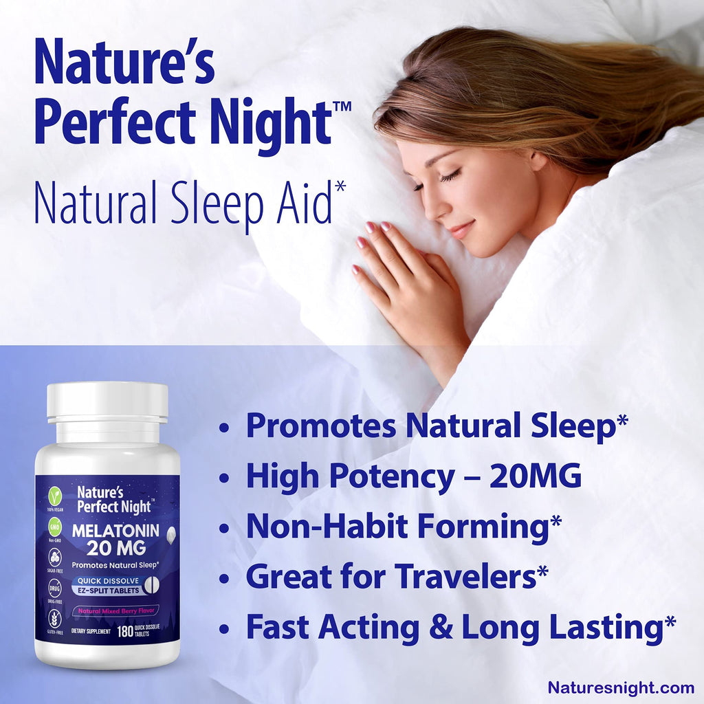 Nature's Perfect Night | Melatonin 20mg | 180 Quick Dissolve Tablets | Natural Mixed Berry Flavor |High Potency | Sugar Free - FENGGESTORE20