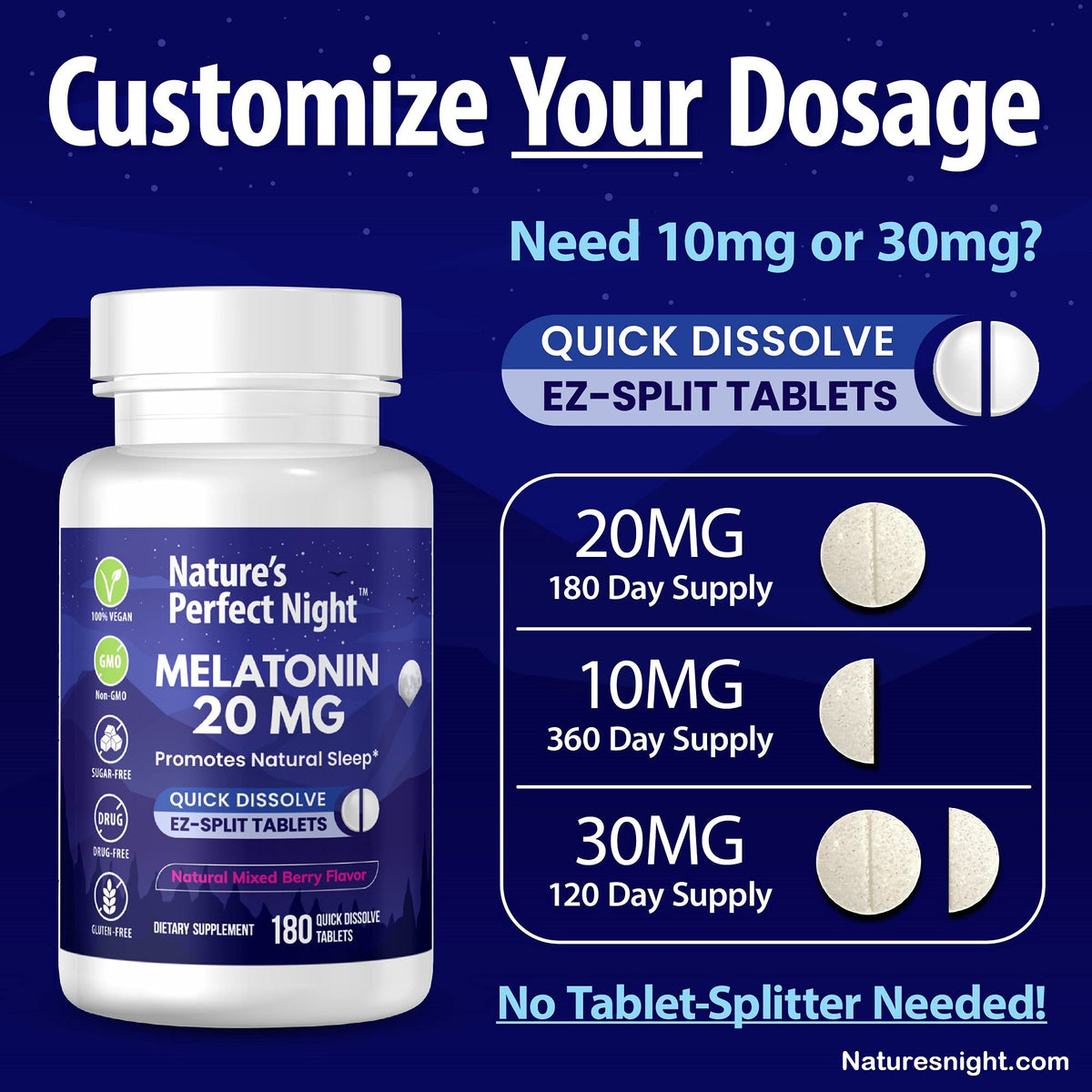 Nature's Perfect Night | Melatonin 20mg | 180 Quick Dissolve Tablets | Natural Mixed Berry Flavor |High Potency | Sugar Free - FENGGESTORE20