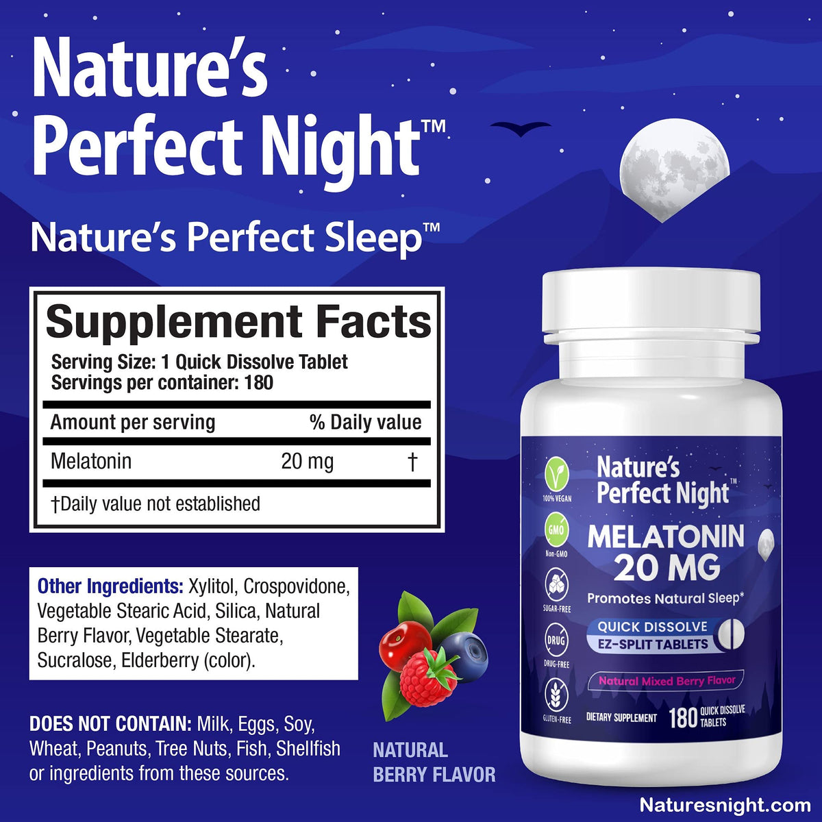 Nature's Perfect Night | Melatonin 20mg | 180 Quick Dissolve Tablets | Natural Mixed Berry Flavor |High Potency | Sugar Free - FENGGESTORE20