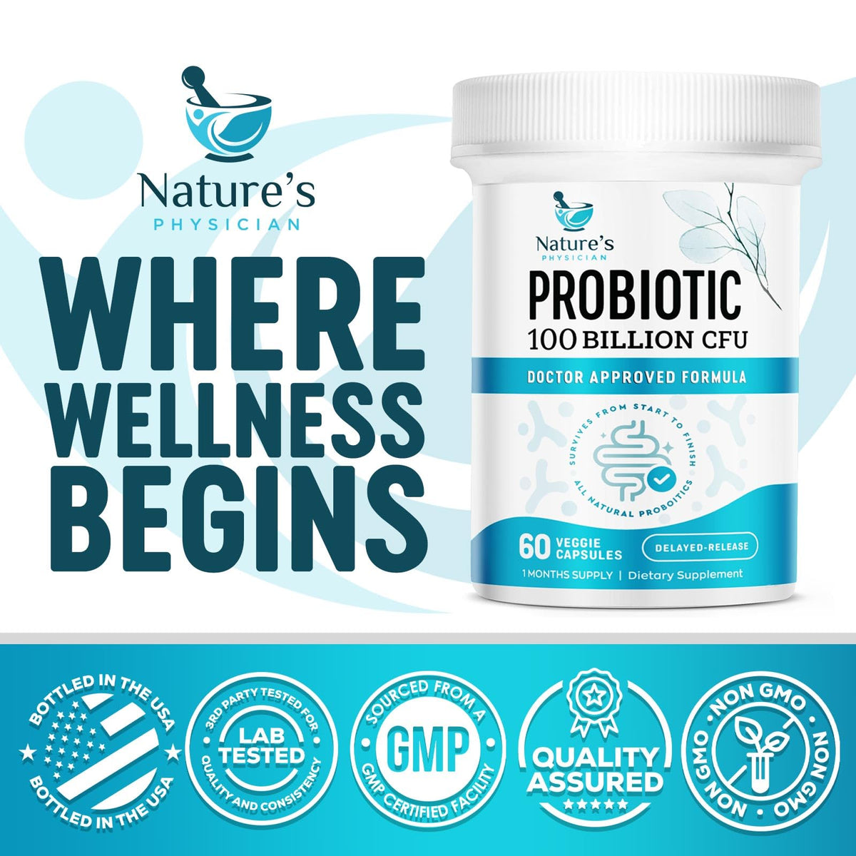 Nature's Physician Probiotics - 100 Billion CFU Per Capsule - 16 Strains + Prebiotics - Best Probiotic Supplement for Women & Men - Supports Immune, - FENGGESTORE20