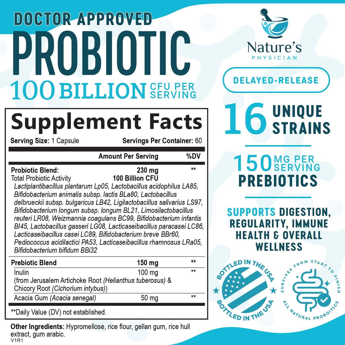 Nature's Physician Probiotics - 100 Billion CFU Per Capsule - 16 Strains + Prebiotics - Best Probiotic Supplement for Women & Men - Supports Immune, - FENGGESTORE20