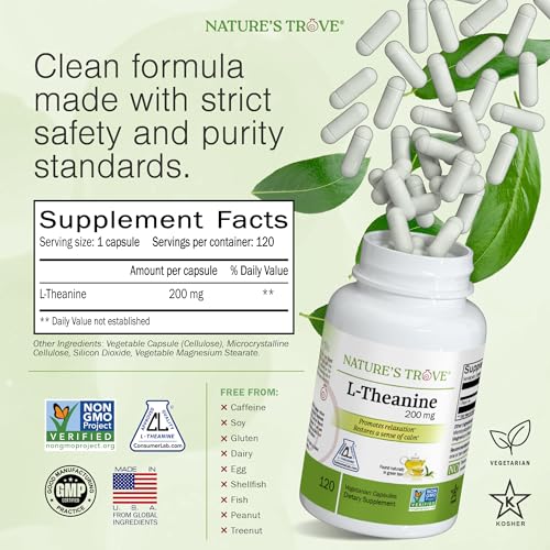 Nature's Trove L-Theanine 200mg 120 Vegetarian Capsules - FENGGESTORE20
