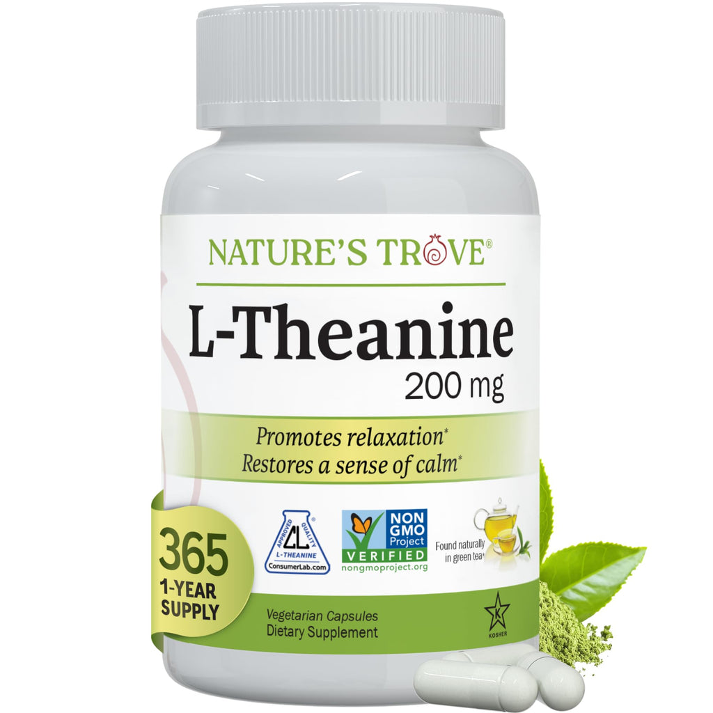 Nature's Trove L-Theanine 200mg Super Value Size - 365 Vegetarian Capsules - FENGGESTORE20
