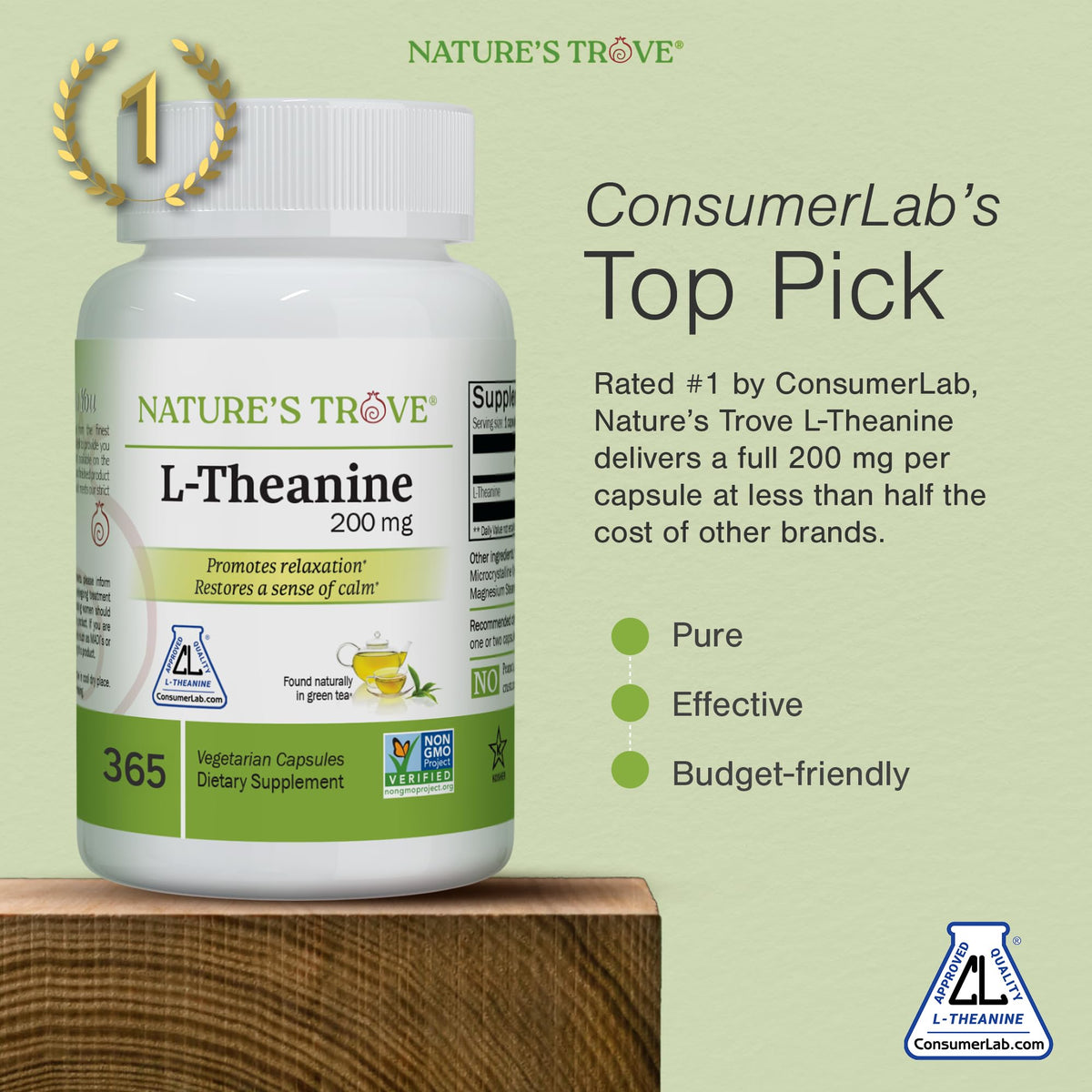 Nature's Trove L-Theanine 200mg Super Value Size - 365 Vegetarian Capsules - FENGGESTORE20
