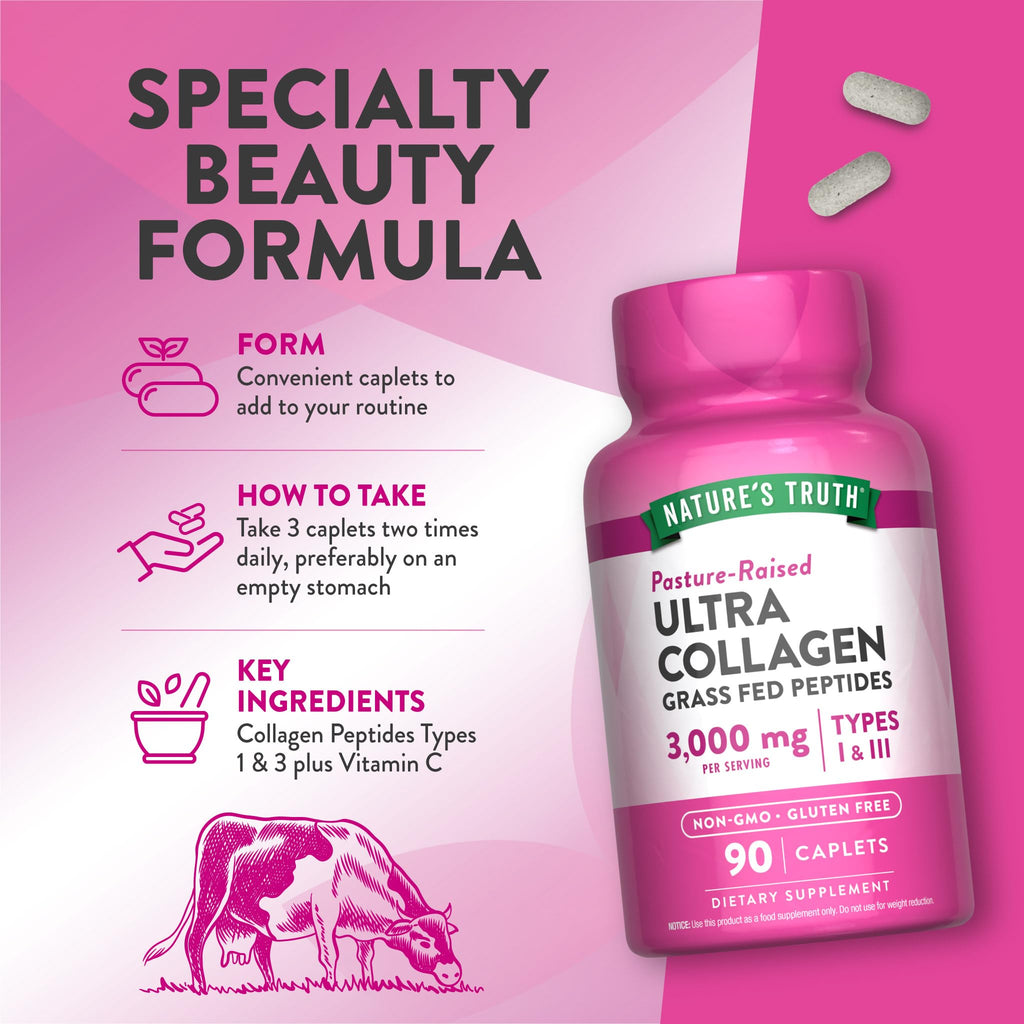Nature's Truth Collagen Peptides | 90 Caplets | Type 1 and 3 with Vitamin C | Grass Fed, Non-GMO & Gluten Free Supplement - FENGGESTORE20