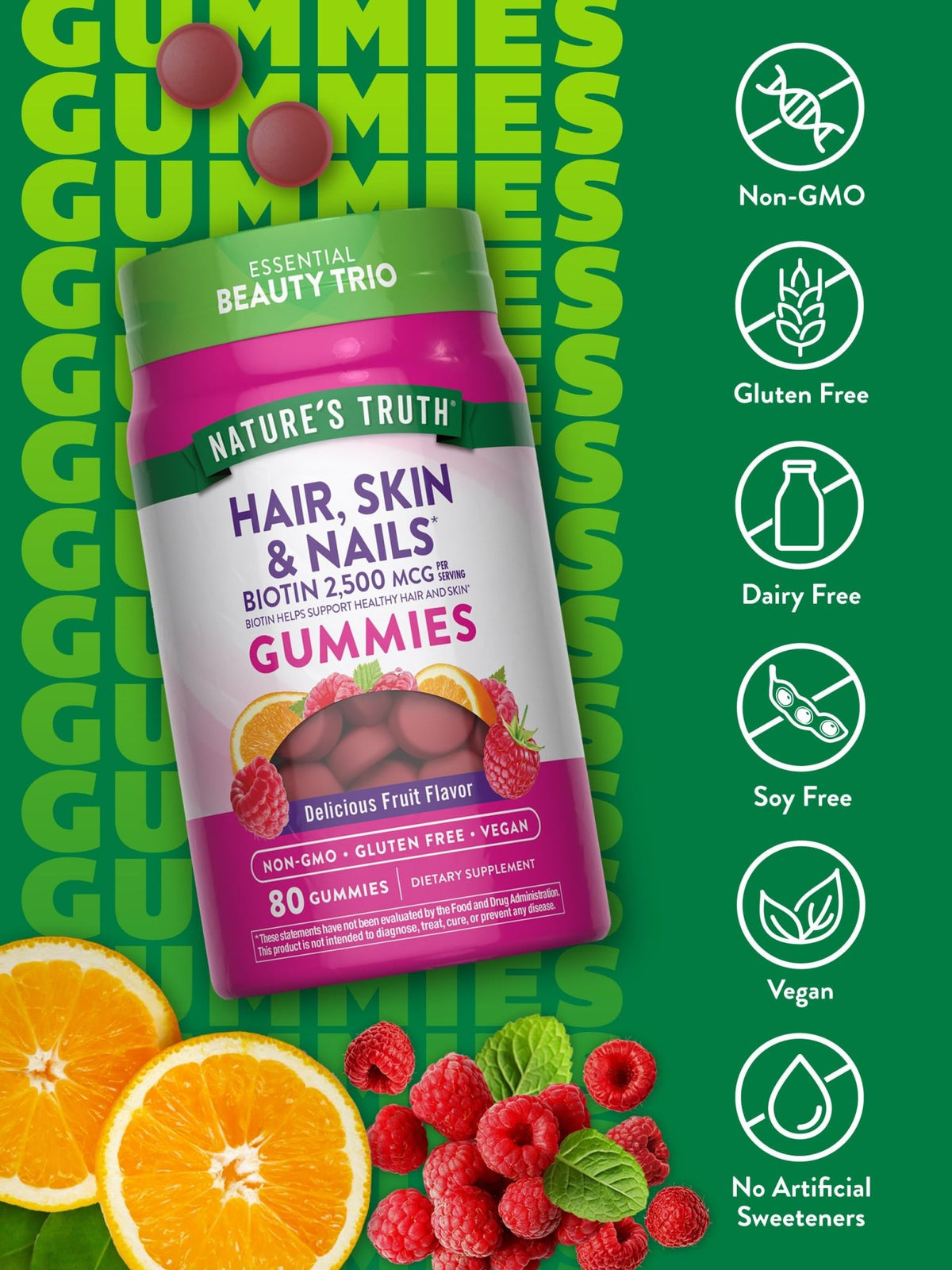 Nature's Truth Hair Skin and Nails Gummies | 80 Count | 2500mcg of Biotin | Vegan, Non-GMO, Gluten Free Supplement | Vitamin for Women & Men - FENGGESTORE20