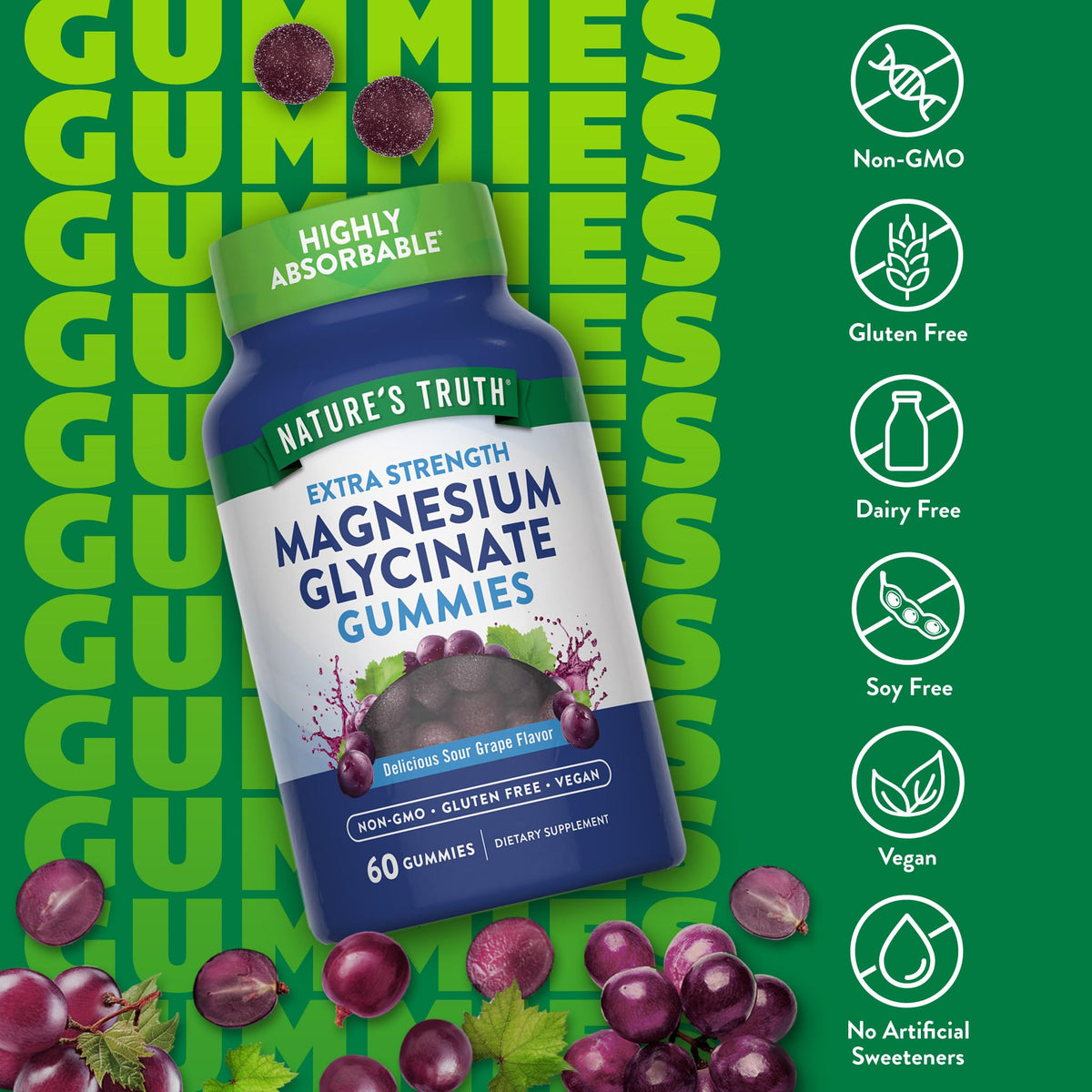 Nature's Truth Magnesium Glycinate Gummies | 60 Count | Sour Grape Flavor | Vegan, Non-GMO & Gluten Free Supplement - FENGGESTORE20