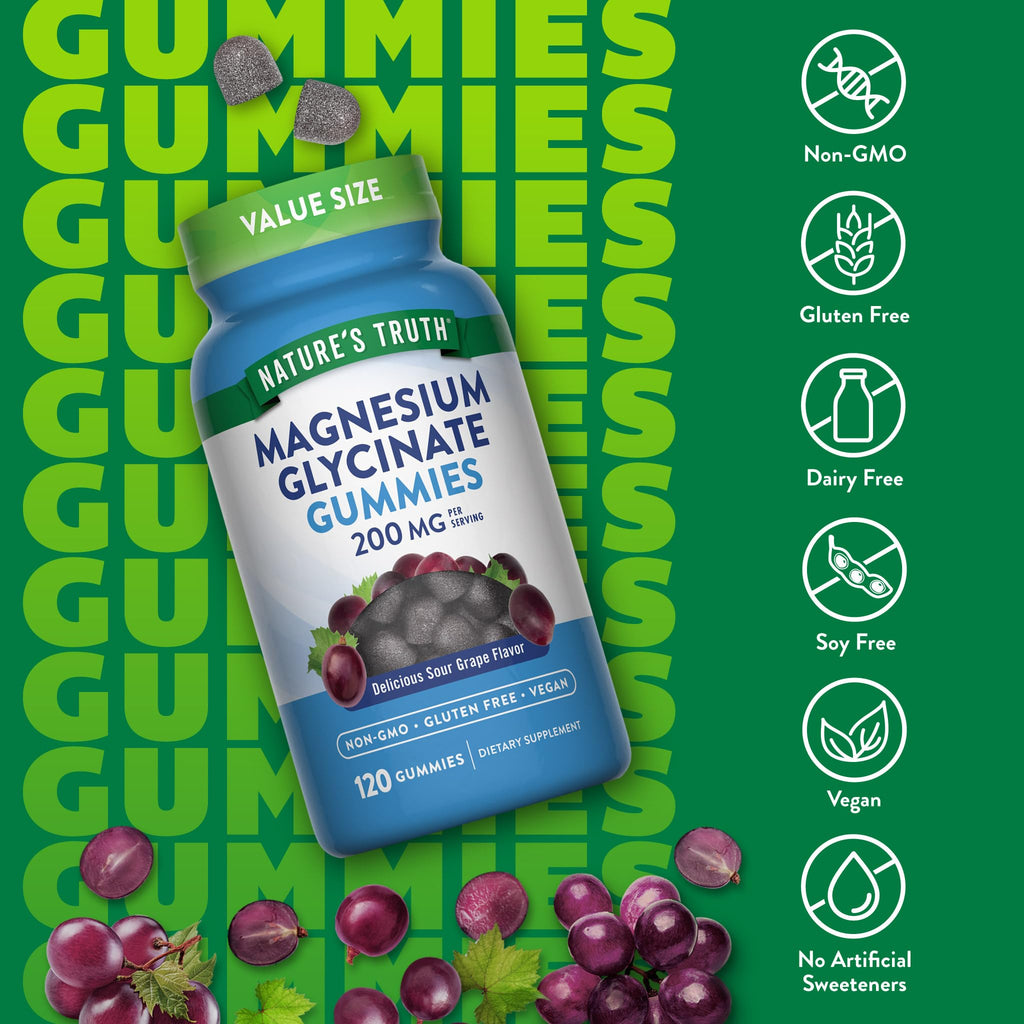 Nature's Truth Magnesium Glycinate Gummies for Adults | 200mg | 120 Count | Grape Flavor | Vegan, Non-GMO & Gluten Free Supplement - FENGGESTORE20