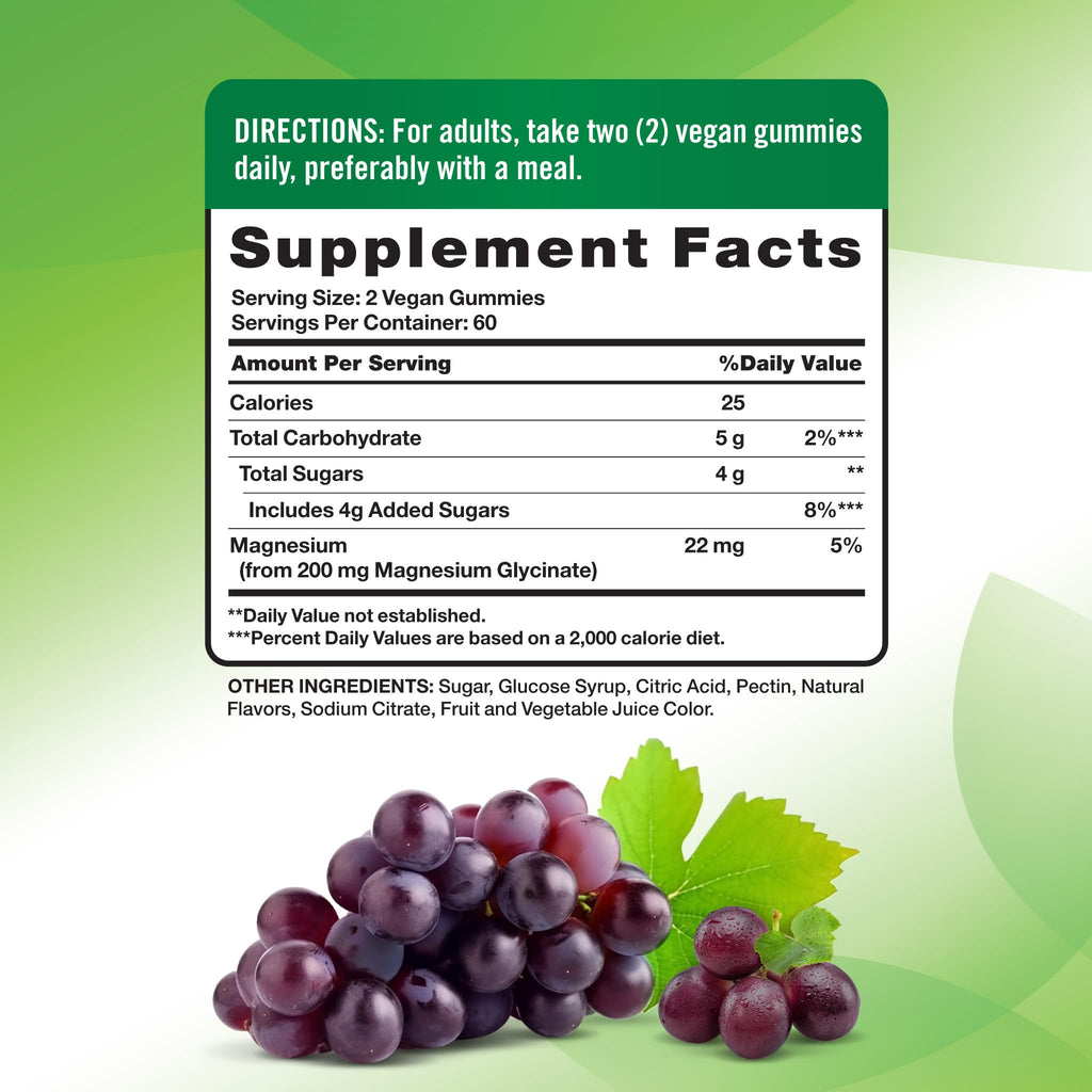 Nature's Truth Magnesium Glycinate Gummies for Adults | 200mg | 120 Count | Grape Flavor | Vegan, Non-GMO & Gluten Free Supplement - FENGGESTORE20