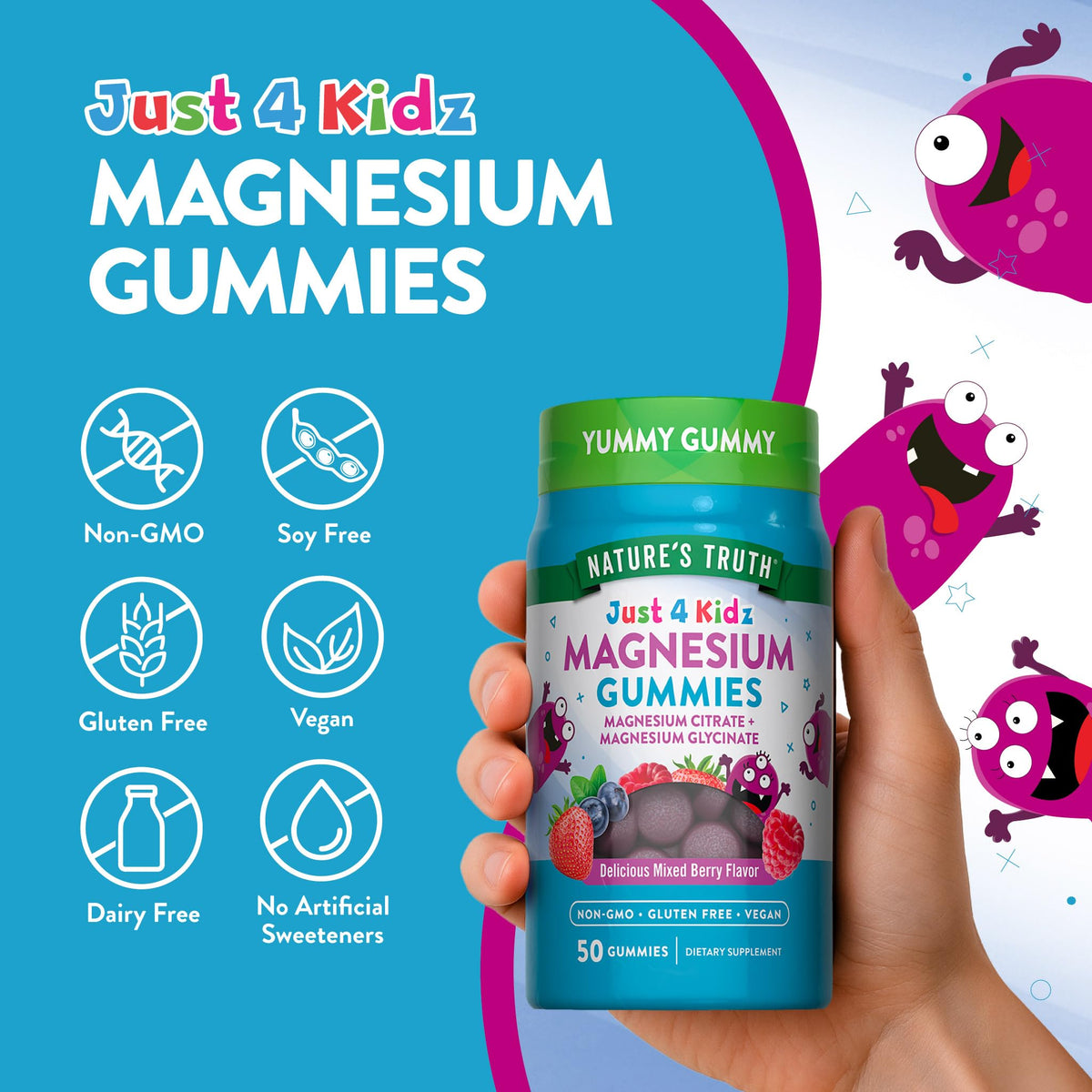Nature's Truth Magnesium Gummies for Kids | Glycinate & Citrate | 50 Count | Mixed Berry Flavor | Vegan, Non-GMO - FENGGESTORE20