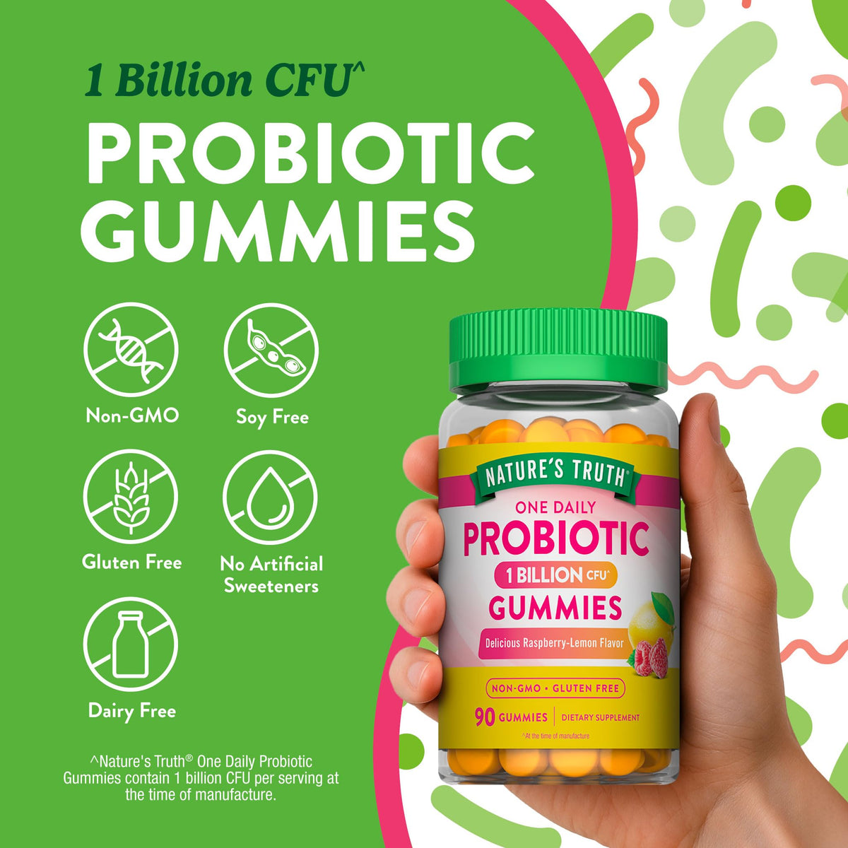 Nature's Truth Probiotic Gummies | 1 Billion CFU | 90 Count | Raspberry Lemon Flavor | Non-GMO & Gluten Free Supplement - FENGGESTORE20