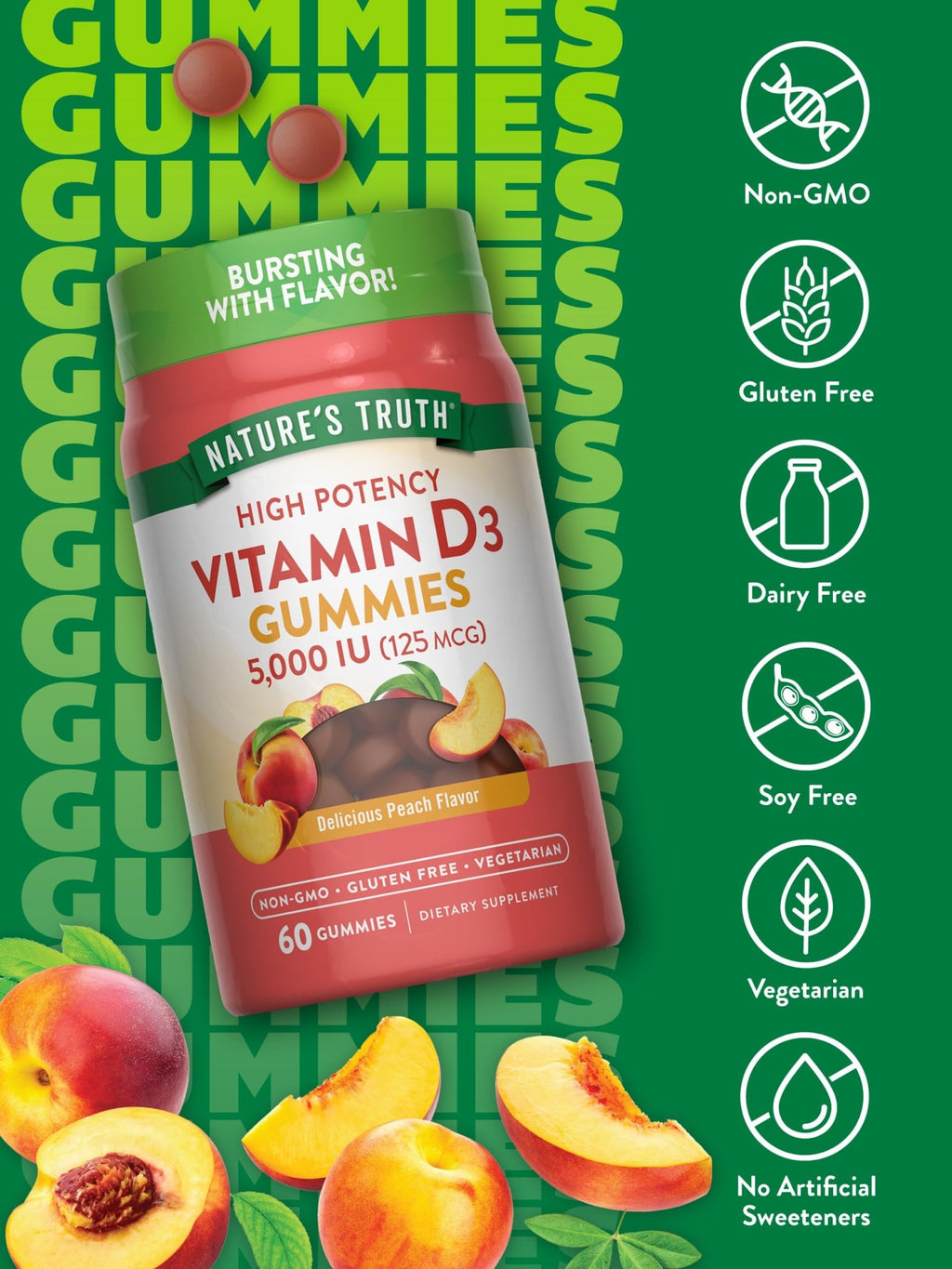 Nature's Truth Vitamin D3 Gummies | 5000 IU | 60 Count | Peach Flavor | Vegetarian, Non-GMO & Gluten Free Supplement - FENGGESTORE20