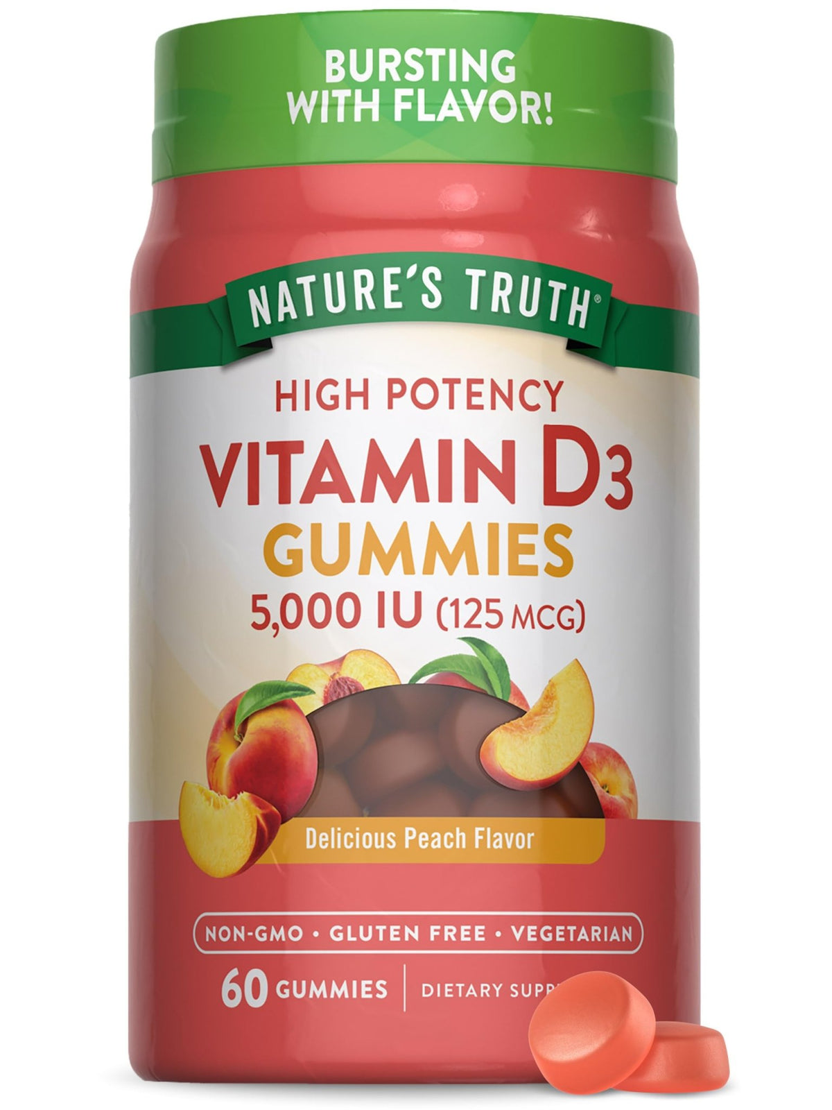 Nature's Truth Vitamin D3 Gummies | 5000 IU | 60 Count | Peach Flavor | Vegetarian, Non-GMO & Gluten Free Supplement - FENGGESTORE20