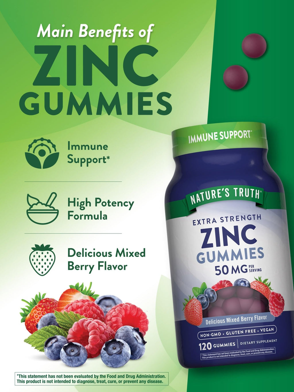 Nature's Truth Zinc Gummies for Adults | 50mg | 120 Count | Vegan, Non-GMO & Gluten Free Supplement | Mixed Berry Flavor - FENGGESTORE20