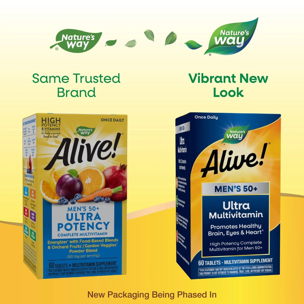 Nature's Way Alive! Men’s 50+ Daily Ultra Multivitamin, High Potency Formula, Supports Healthy Brain, Eyes & Heart - FENGGESTORE20