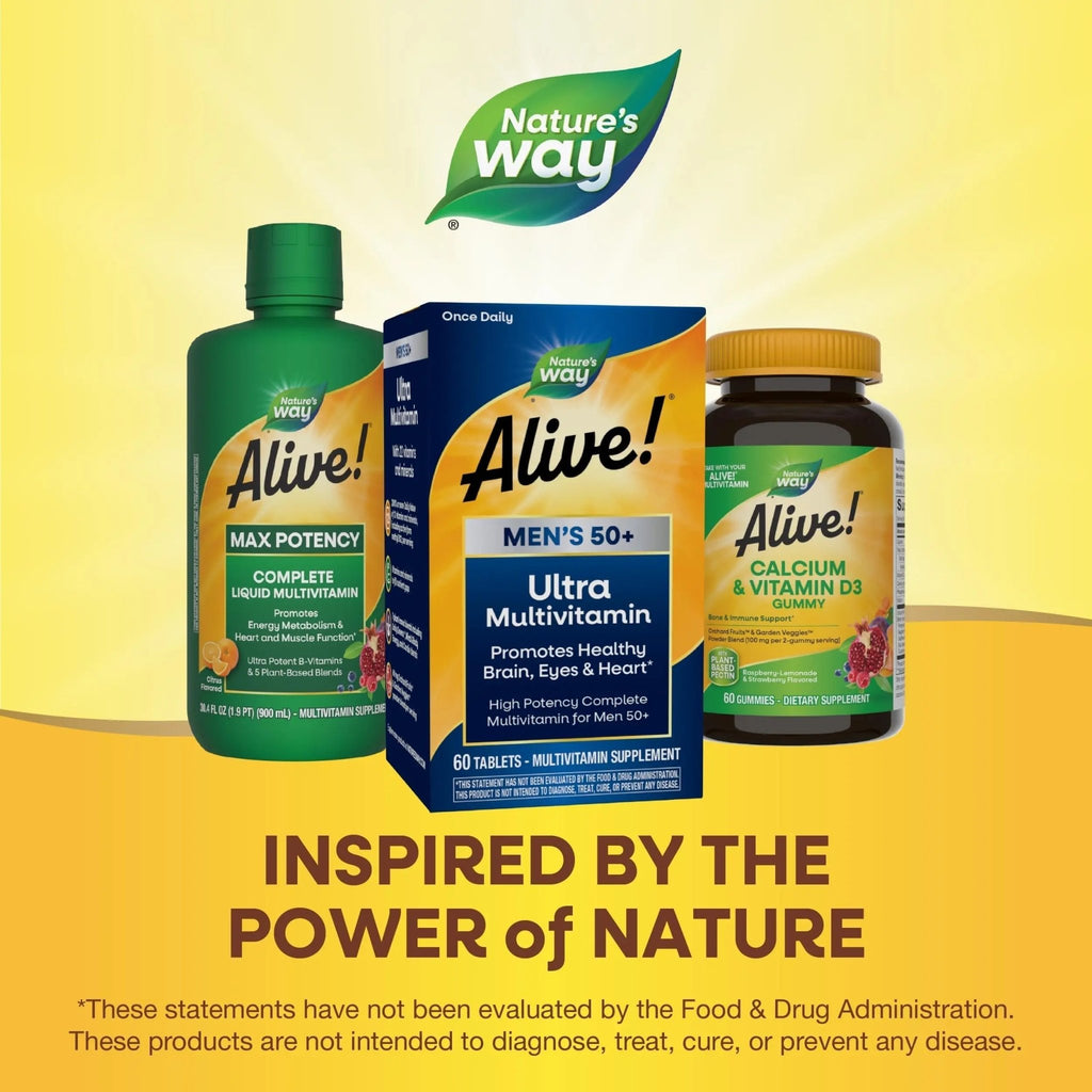 Nature's Way Alive! Men’s 50+ Daily Ultra Multivitamin, High Potency Formula, Supports Healthy Brain, Eyes & Heart - FENGGESTORE20