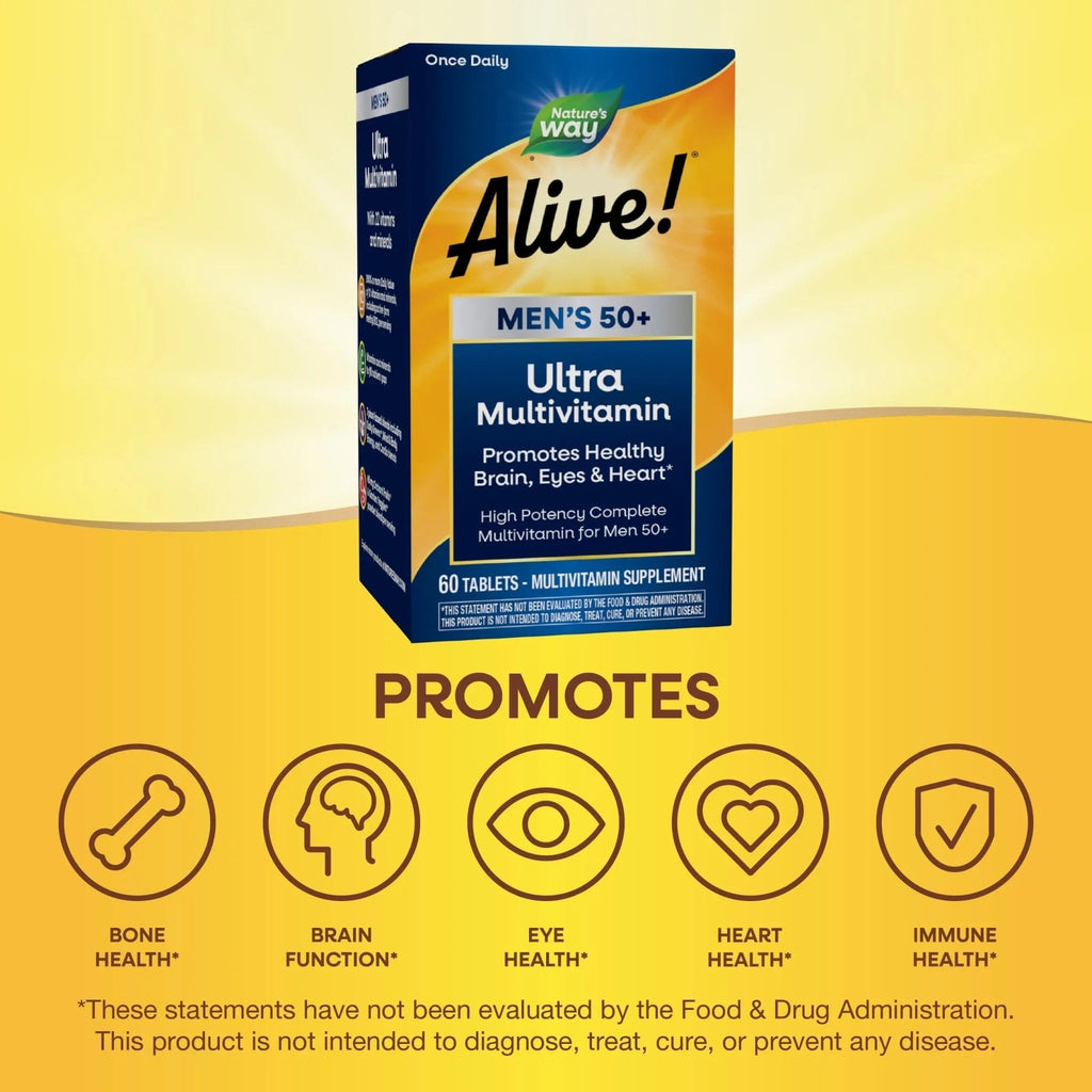 Nature's Way Alive! Men’s 50+ Daily Ultra Multivitamin, High Potency Formula, Supports Healthy Brain, Eyes & Heart - FENGGESTORE20