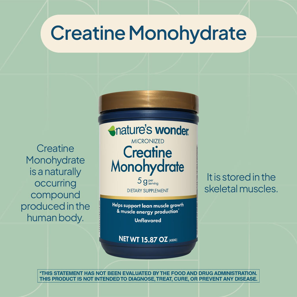 Nature's Wonder Micronized Creatine Monohydrate Powder 5g, Muscle Health, Muscle Energy Production, No Lactose, 5g of Micronized creatine Powder per Serving, 450G, 90 Servings - FENGGESTORE20