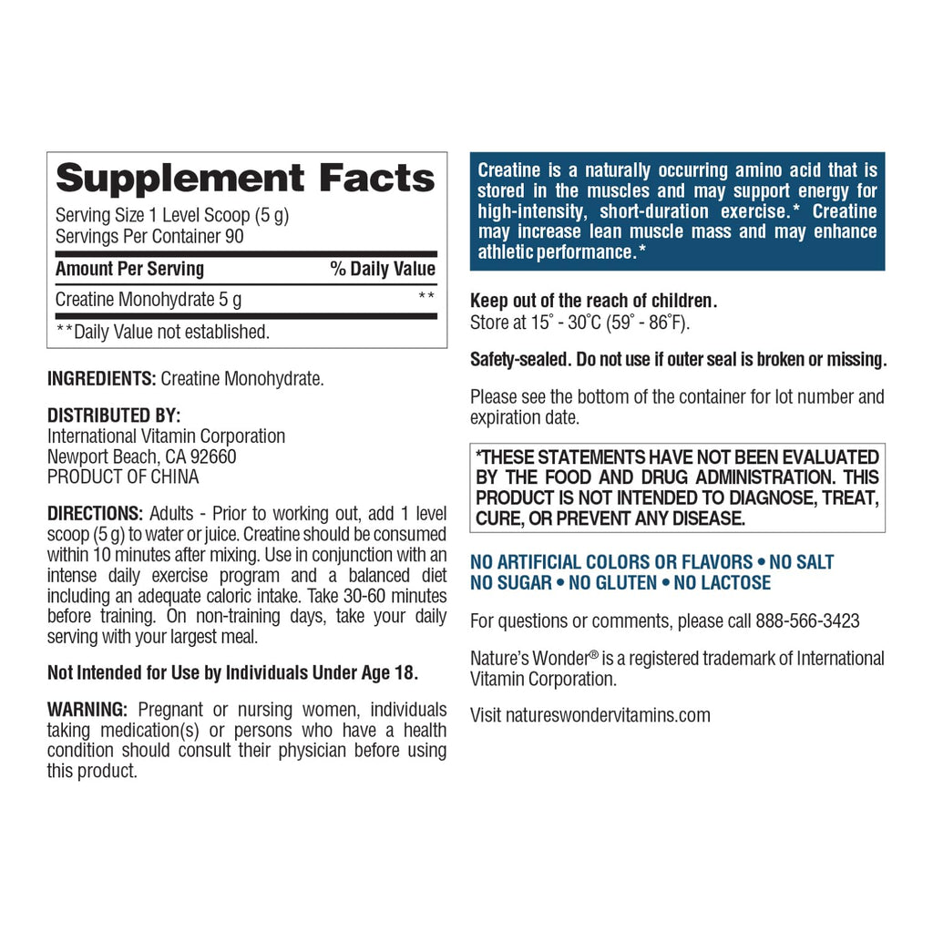 Nature's Wonder Micronized Creatine Monohydrate Powder 5g, Muscle Health, Muscle Energy Production, No Lactose, 5g of Micronized creatine Powder per Serving, 450G, 90 Servings - FENGGESTORE20