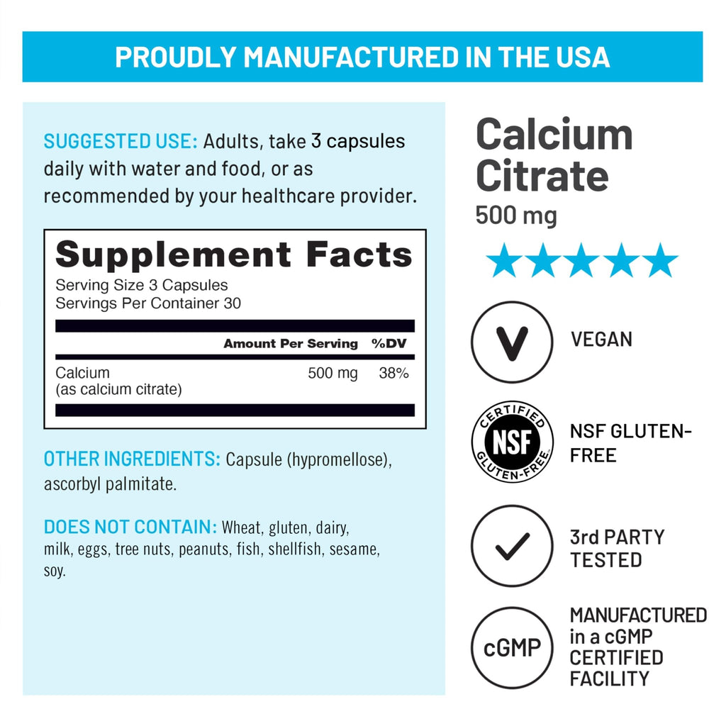 NatureWise Calcium Citrate 500mg Capsules - Supplement for Bone Health - Easy to Digest & Absorb - Vegan, Non-GMO - FENGGESTORE20