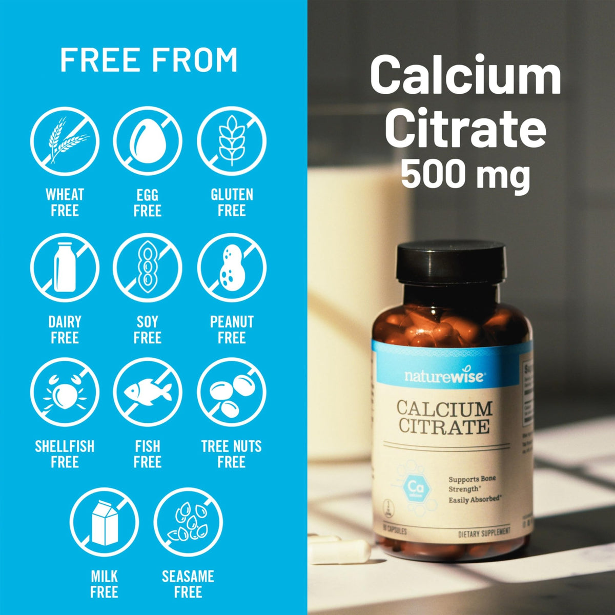 NatureWise Calcium Citrate 500mg Capsules - Supplement for Bone Health - Easy to Digest & Absorb - Vegan, Non-GMO - FENGGESTORE20