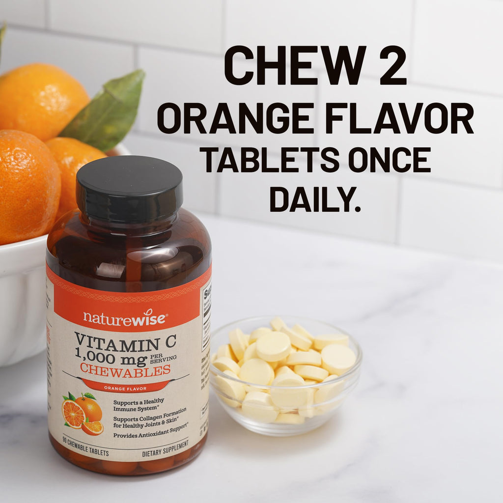 NatureWise Extra Strength Vitamin C Chewable 1000mg for Adults - Natural Orange Flavor - Immune System & Antioxidant Support - Non-GMO - FENGGESTORE20