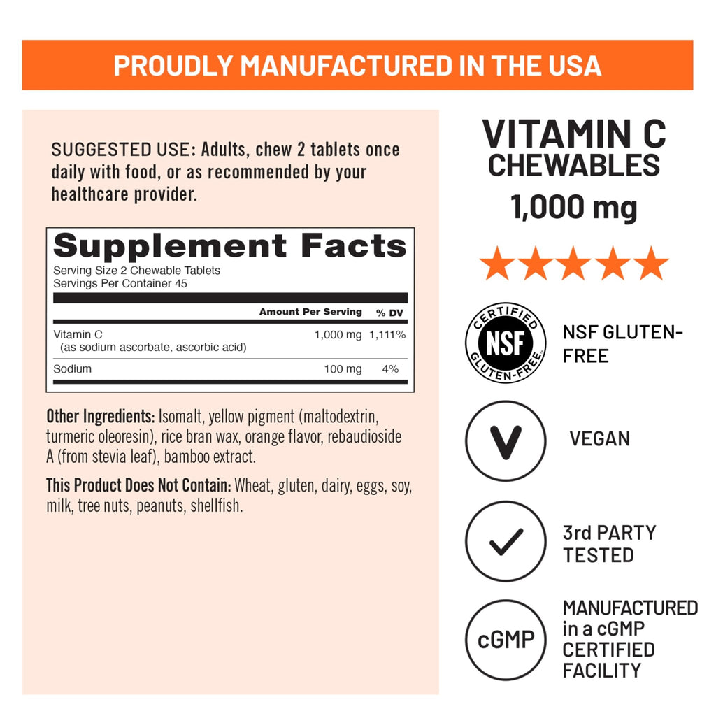 NatureWise Extra Strength Vitamin C Chewable 1000mg for Adults - Natural Orange Flavor - Immune System & Antioxidant Support - Non-GMO - FENGGESTORE20