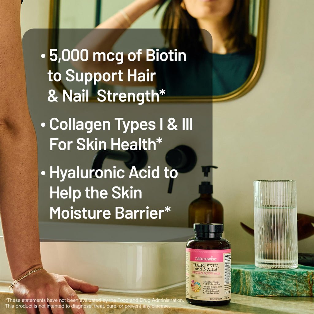 NatureWise Hair Skin and Nails Vitamin, Biotin 5000mcg w/Hyaluronic Acid, Collagen for Women with C, B Complex, D3, A, E, Iron - FENGGESTORE20
