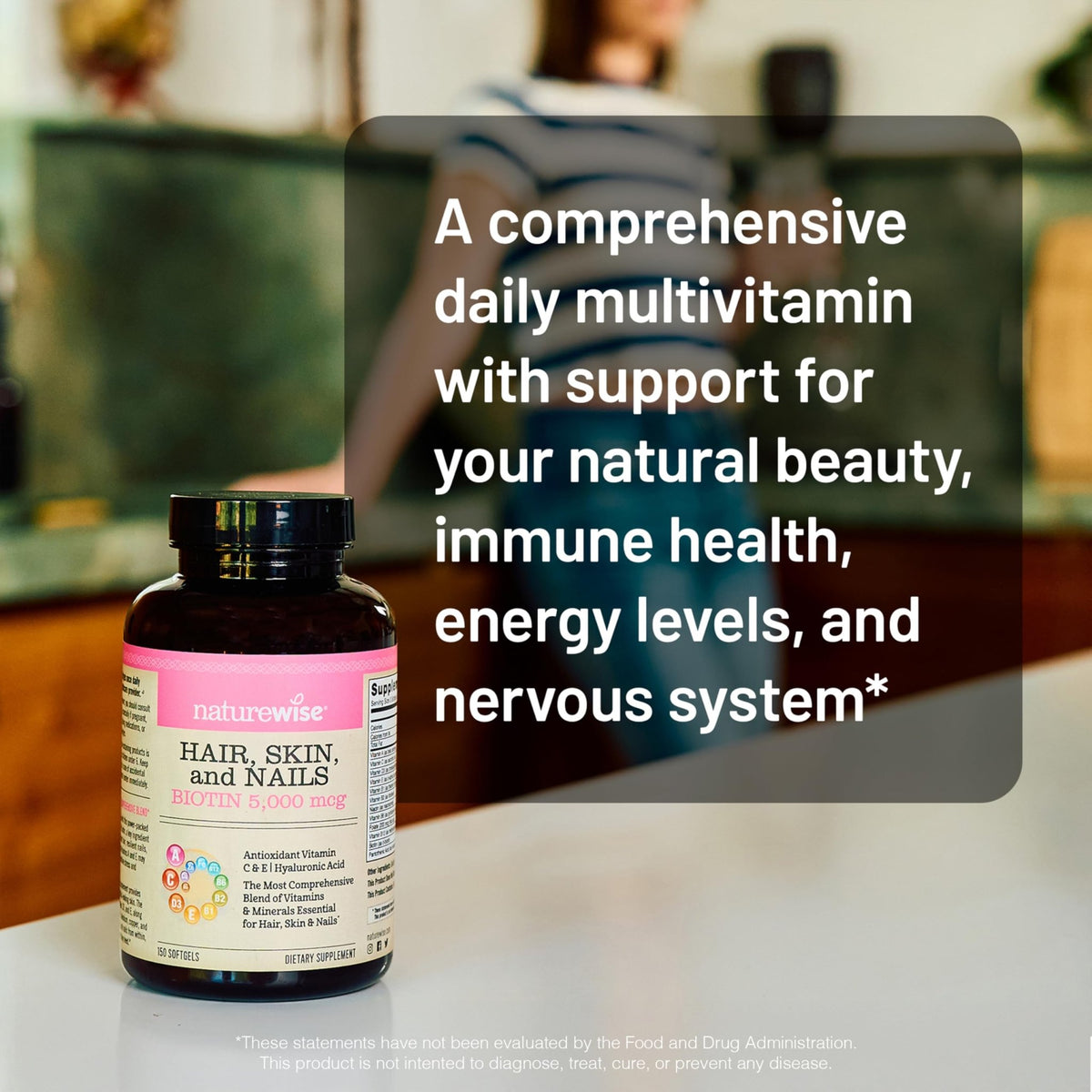 NatureWise Hair Skin and Nails Vitamin, Biotin 5000mcg w/Hyaluronic Acid, Collagen for Women with C, B Complex, D3, A, E, Iron - FENGGESTORE20