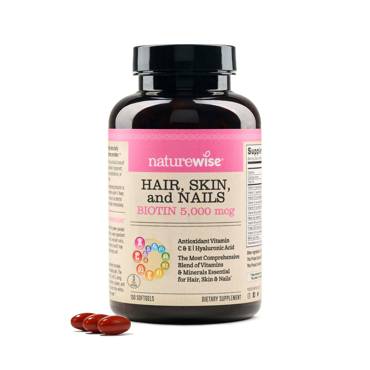NatureWise Hair Skin and Nails Vitamin, Biotin 5000mcg w/Hyaluronic Acid, Collagen for Women with C, B Complex, D3, A, E, Iron - FENGGESTORE20