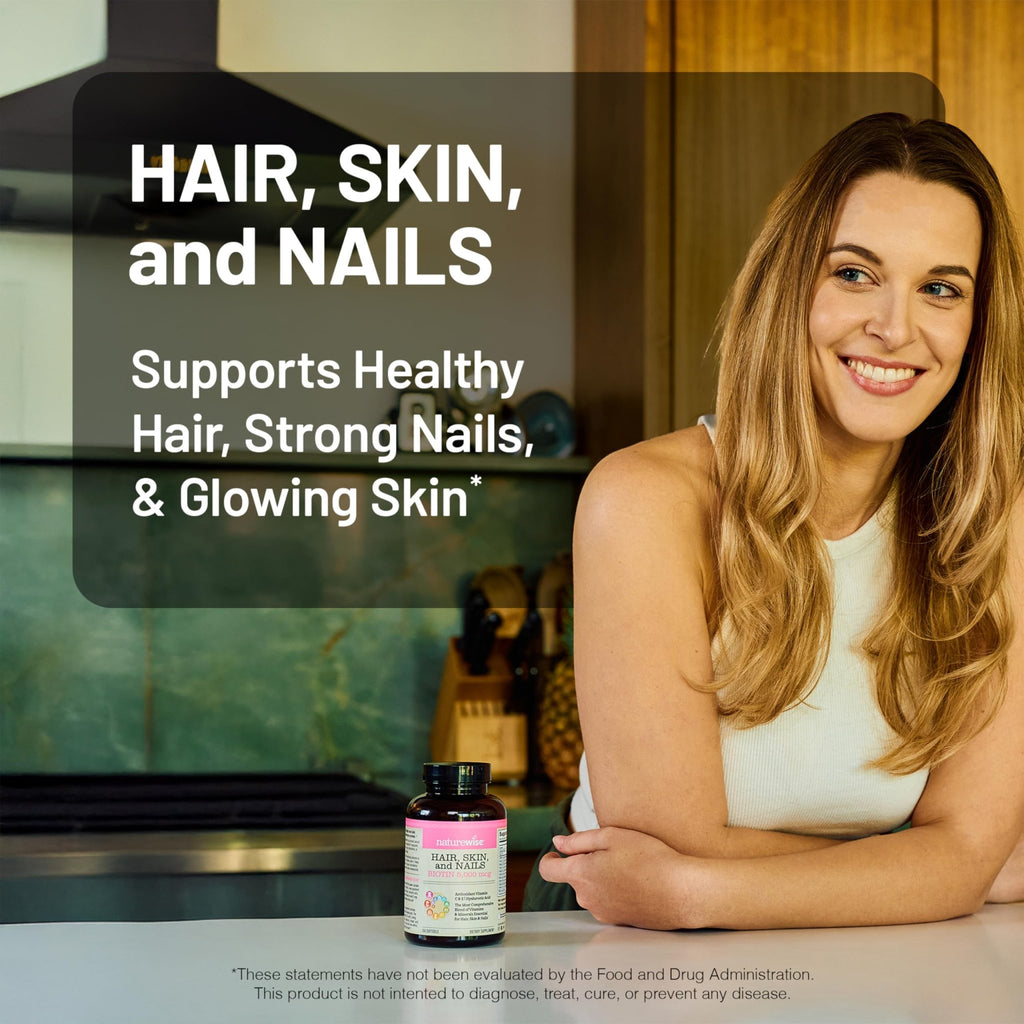 NatureWise Hair Skin and Nails Vitamin, Biotin 5000mcg w/Hyaluronic Acid, Collagen for Women with C, B Complex, D3, A, E, Iron - FENGGESTORE20