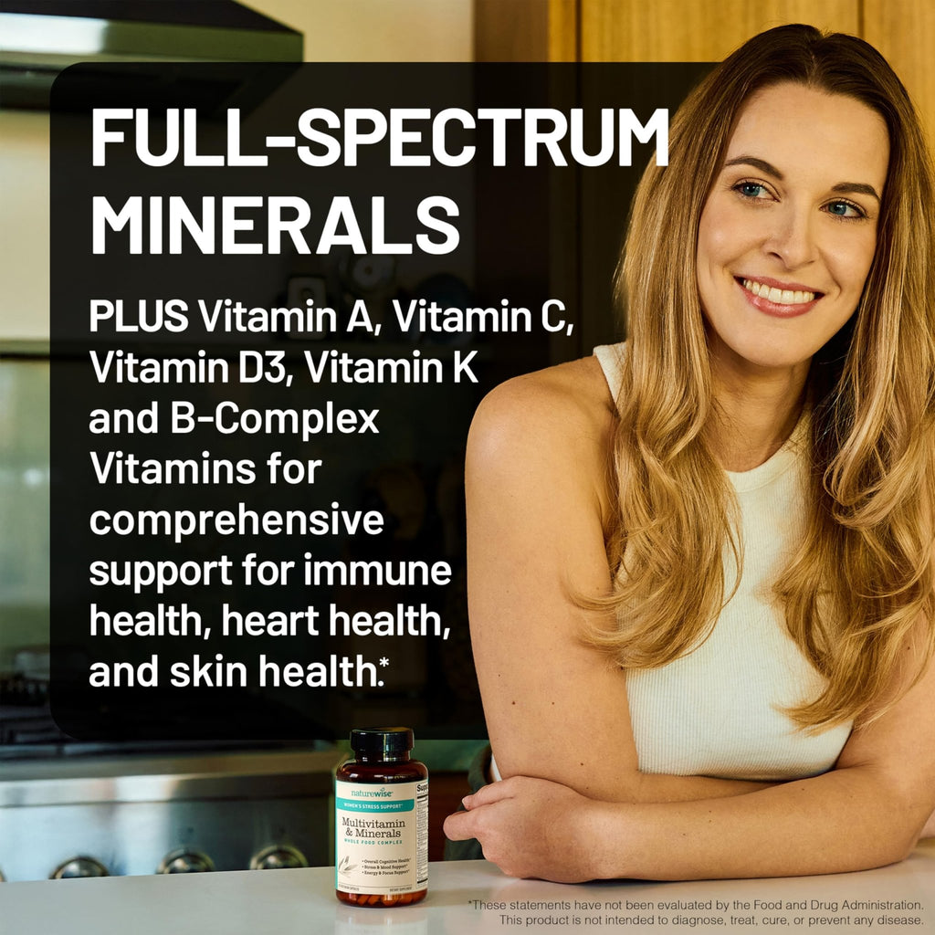 NatureWise Multivitamin for Women + Stress Support with Organic Whole Foods & Natural Minerals - B-Complex + Vitamin C + D3 K2 for Immunity, Hair, Skin & Nails - FENGGESTORE20
