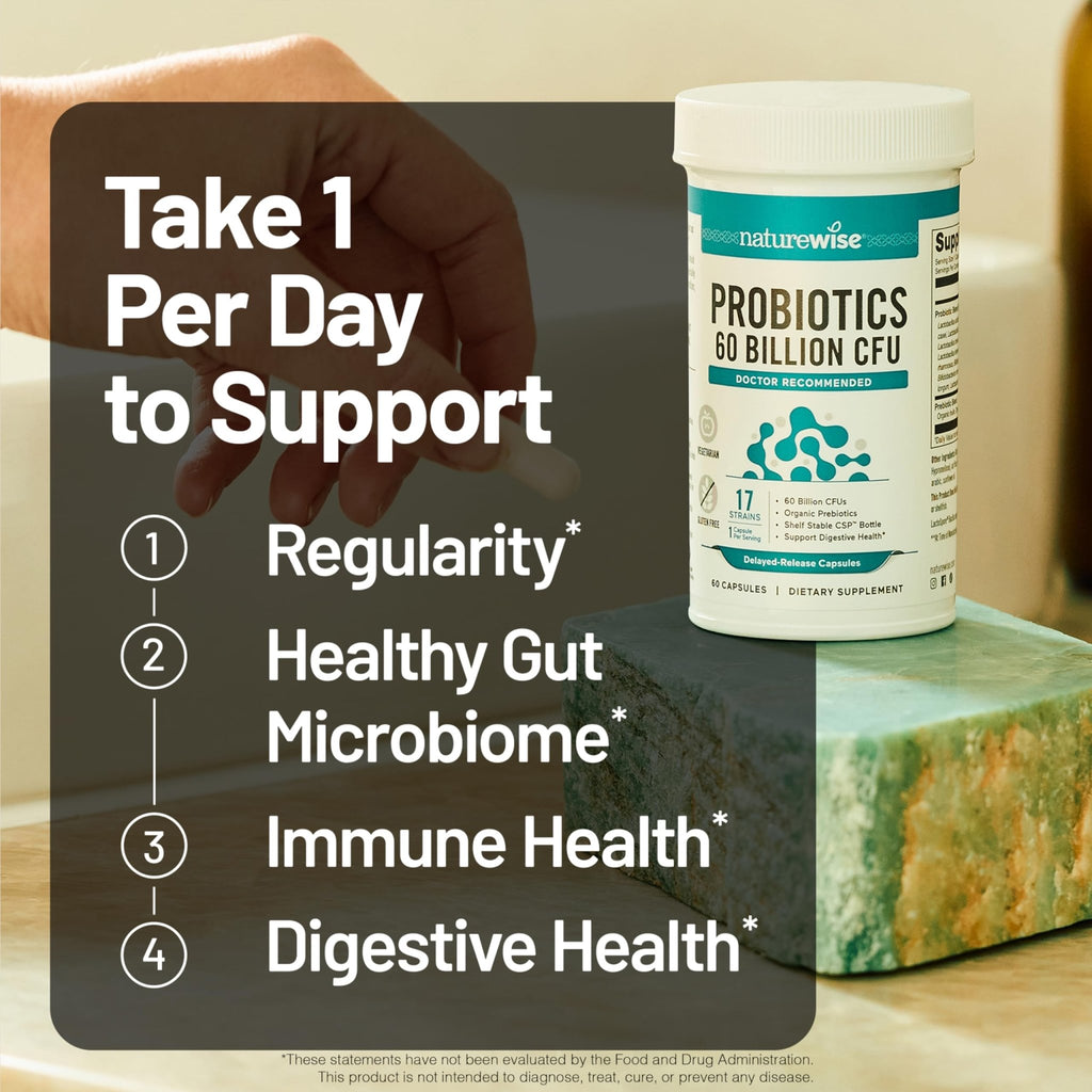 NatureWise Probiotics 60 Billion CFU - 17 Strains + Organic Prebiotics - Immune, Digestive & Gut Health Support for Women & Men - Vegetarian, Gluten-Free, - FENGGESTORE20