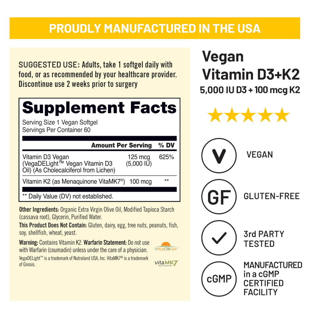 NatureWise Vegan Vitamin D3 + K2 - Natural D3 5000IU + Natural Vitamin K2 100mcg - Bone Support - High Absorption - FENGGESTORE20