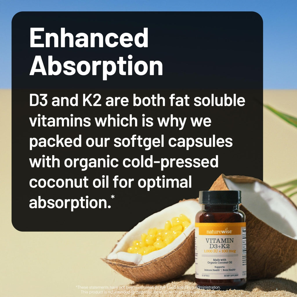 NatureWise Vitamin D3 1000IU + K2 (MK7) 100mcg with Organic Extra Virgin Coconut Oil - Supports Calcium Absorption, Bone & Immune Health - Non-GMO - FENGGESTORE20