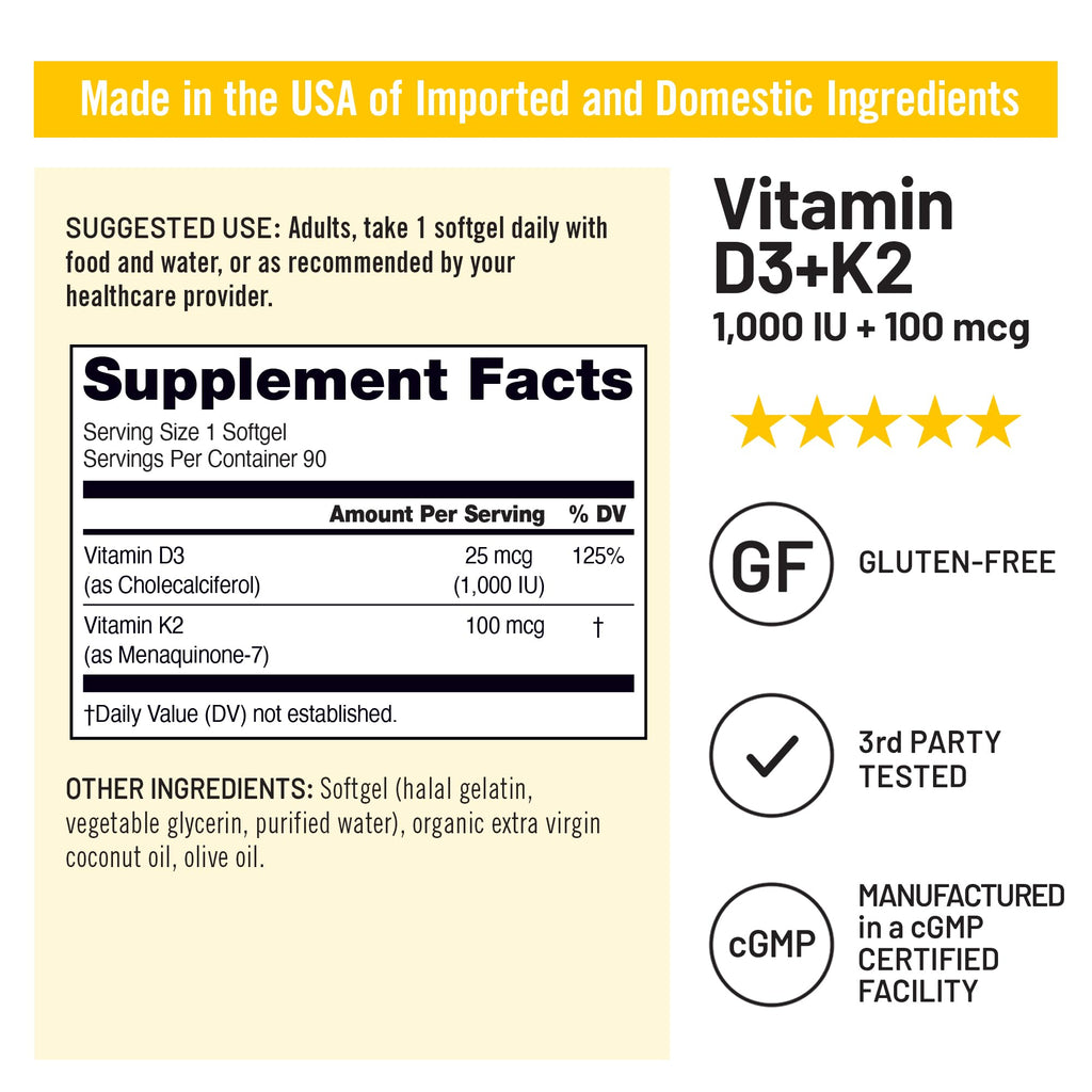 NatureWise Vitamin D3 1000IU + K2 (MK7) 100mcg with Organic Extra Virgin Coconut Oil - Supports Calcium Absorption, Bone & Immune Health - Non-GMO - FENGGESTORE20