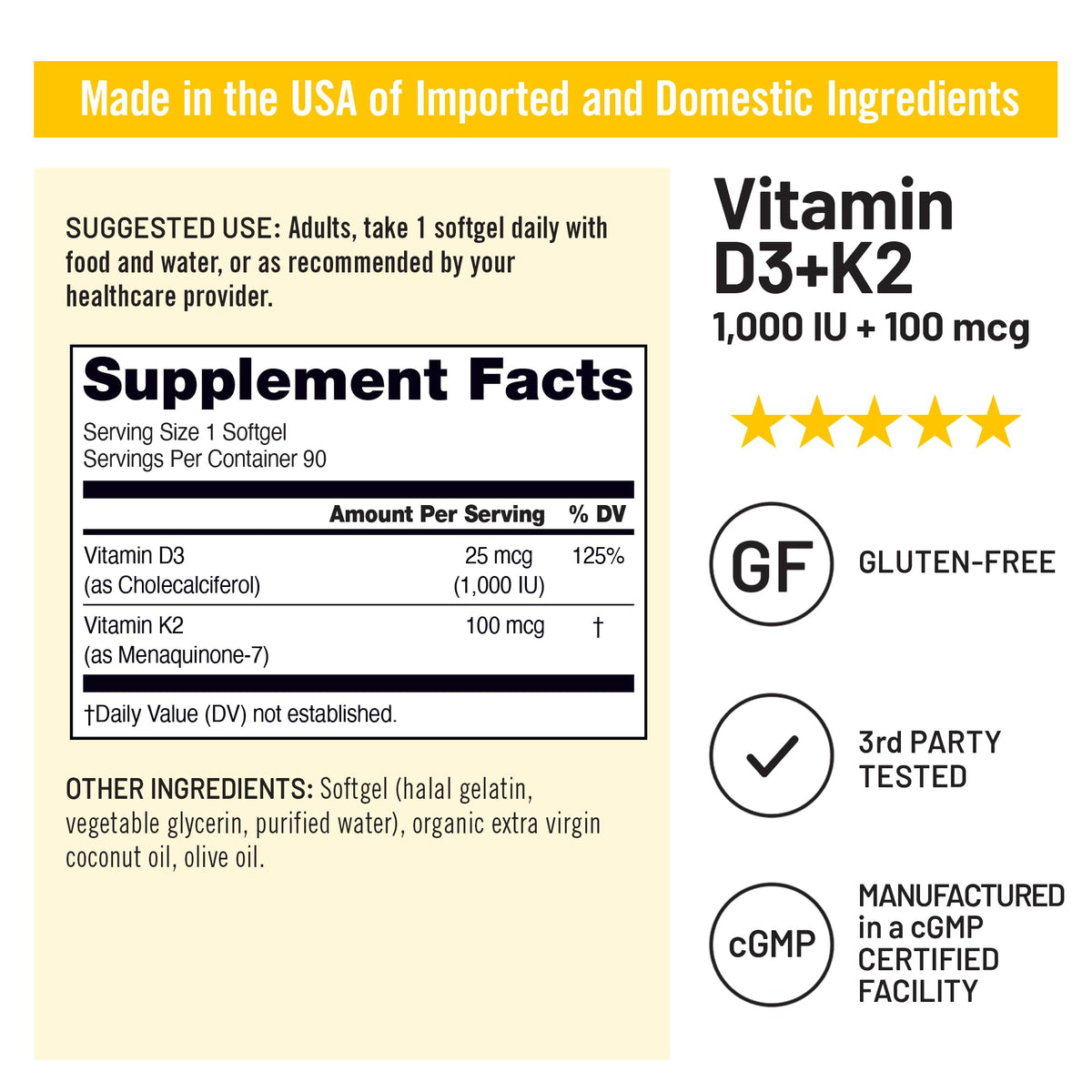 NatureWise Vitamin D3 1000IU + K2 (MK7) 100mcg with Organic Extra Virgin Coconut Oil - Supports Calcium Absorption, Bone & Immune Health - Non-GMO - FENGGESTORE20