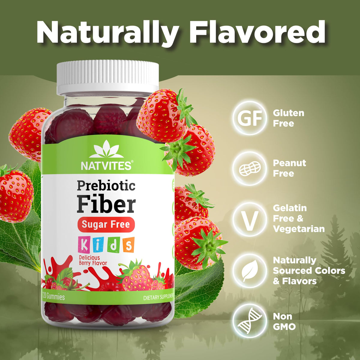 Natvites Prebiotic Kids Fiber Gummies, for Children Ages 2 & Up - Sugar Free Vegetarian Gelatin Free Non-GMO, Kids Fiber Supplements - FENGGESTORE20