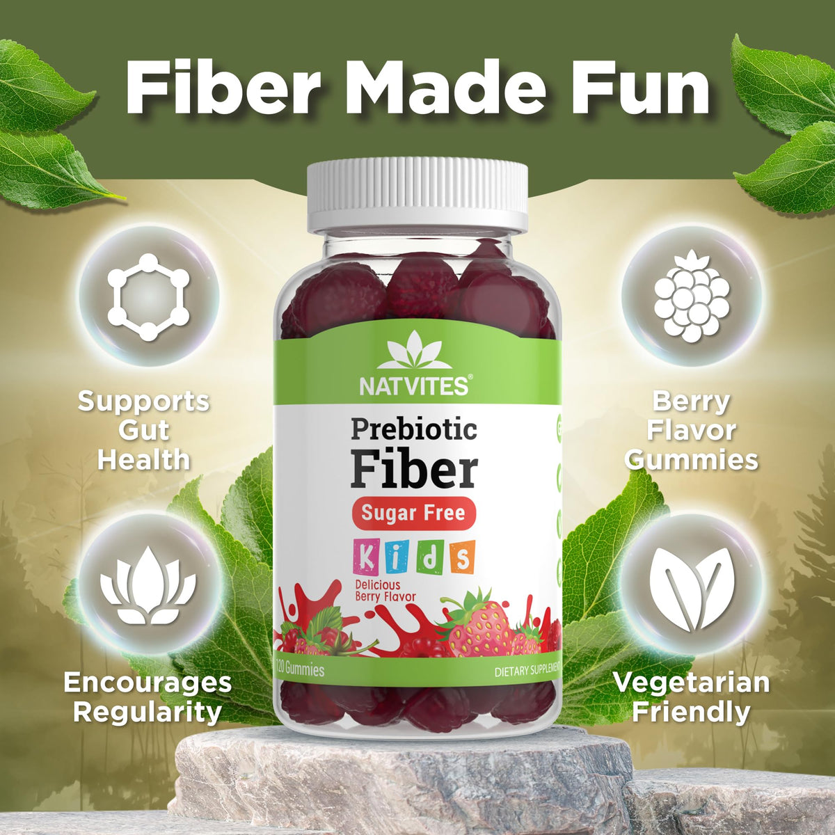 Natvites Prebiotic Kids Fiber Gummies, for Children Ages 2 & Up - Sugar Free Vegetarian Gelatin Free Non-GMO, Kids Fiber Supplements - FENGGESTORE20