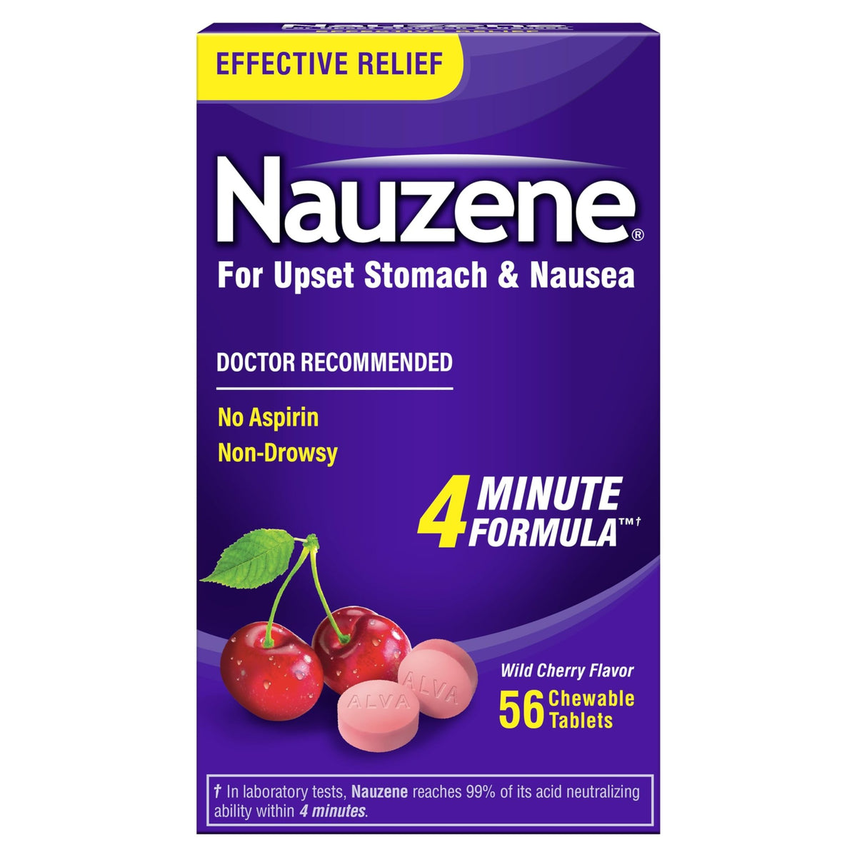 Nauzene Non-Drowsy Upset Stomach & Nausea Relief Chewable Tablets | 4-Minute Formula | Doctor Recommended | Wild Cherry Flavor | 56 Count - FENGGESTORE20