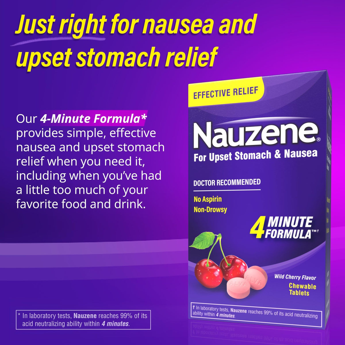 Nauzene Non-Drowsy Upset Stomach & Nausea Relief Chewable Tablets | 4-Minute Formula | Doctor Recommended | Wild Cherry Flavor | 56 Count - FENGGESTORE20