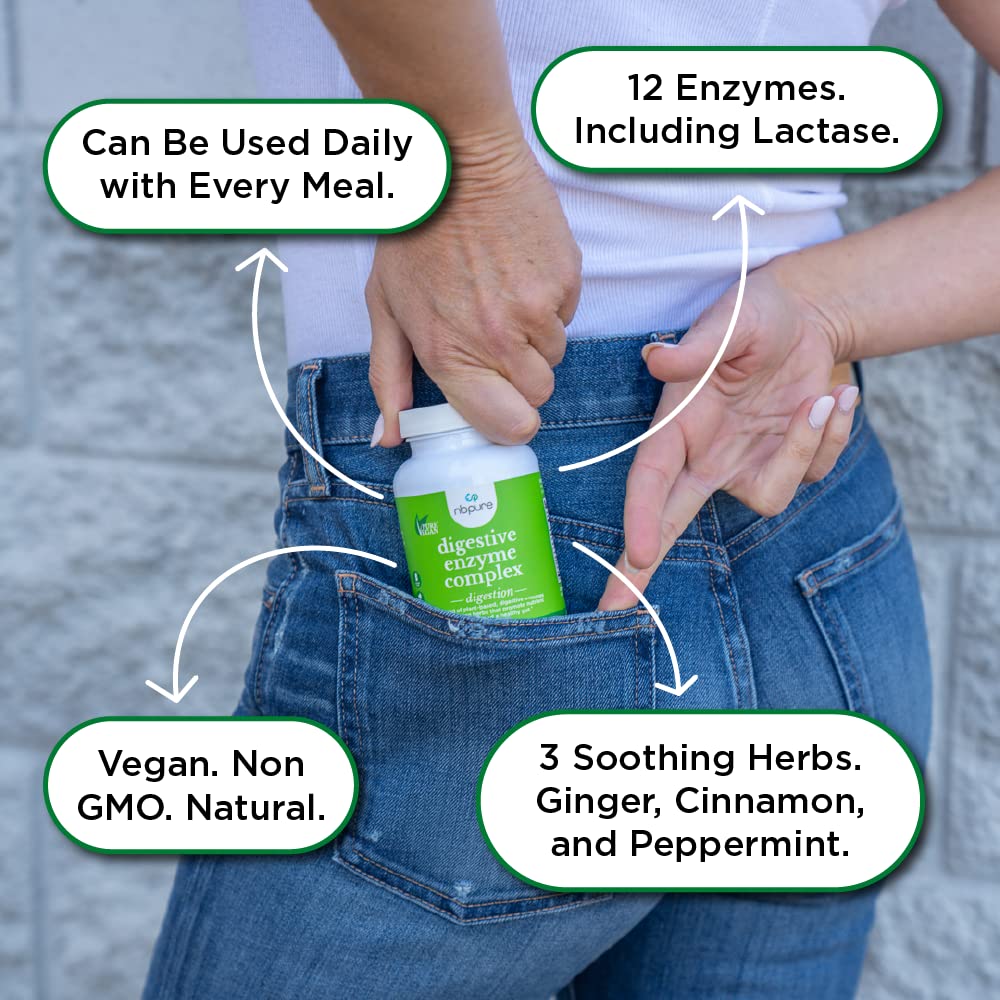 nbpure Vegan Digestive Enzyme Complex – Daily Bloating, Gas, & Food Digestive Support for Women & Men – 12 Enzymes & 3 Herbs – Lactase, Protease, Lipase - FENGGESTORE20